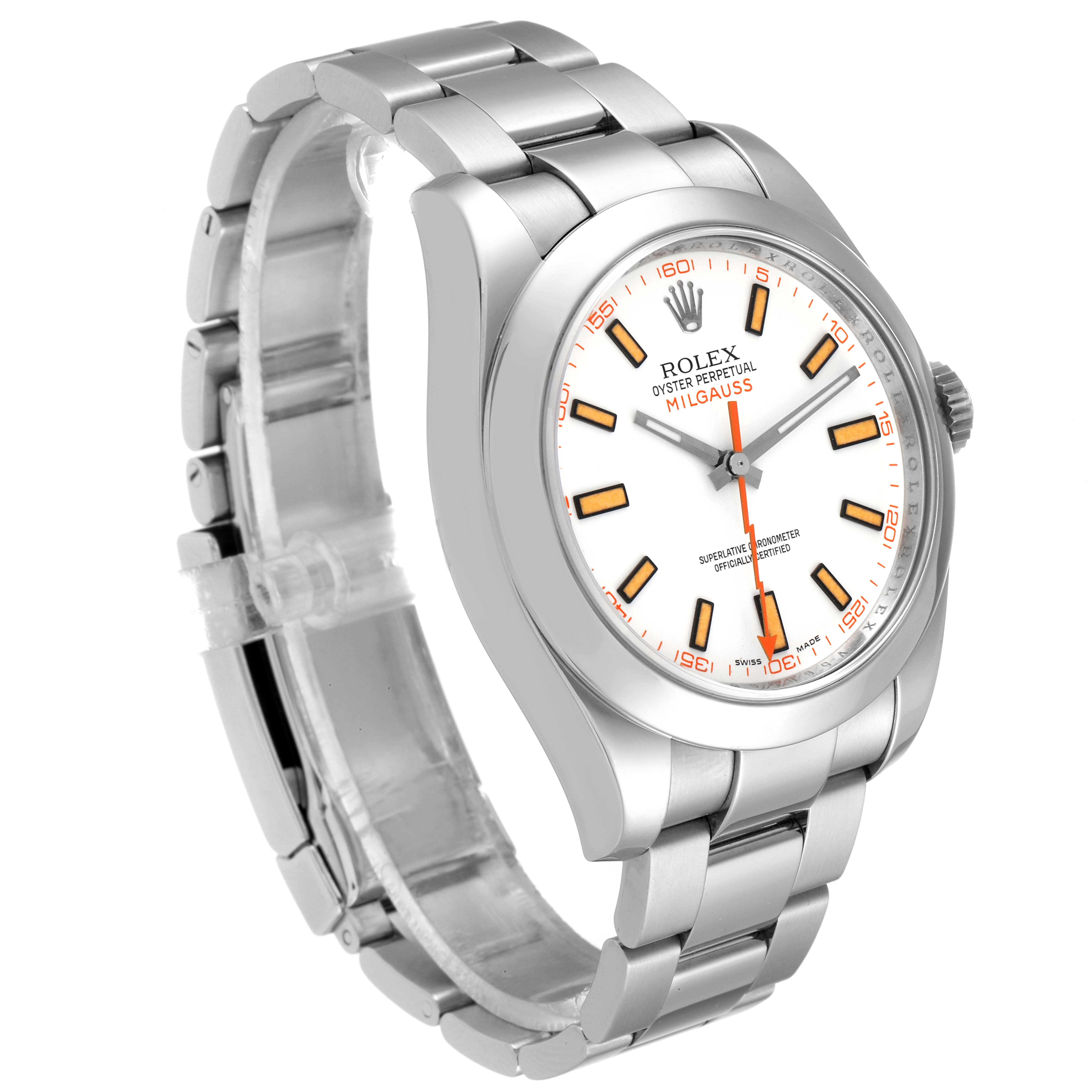 The image shows a Rolex Milgauss 116400 Men's Stainless Steel White Dial 116400 Men's Stainless Steel White Dial watch at an angle displaying its face, bracelet, and crown.