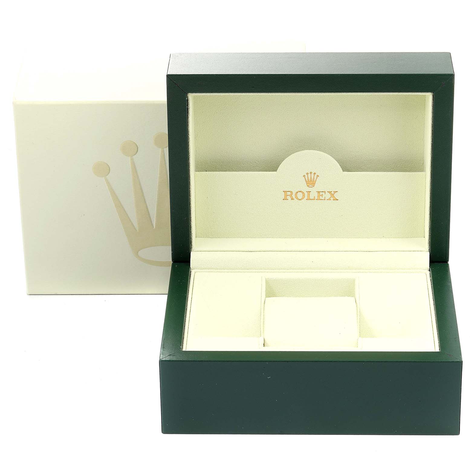 The image shows an open, empty Rolex watch box for the Milgauss model, showcasing the brand's signature interior design.