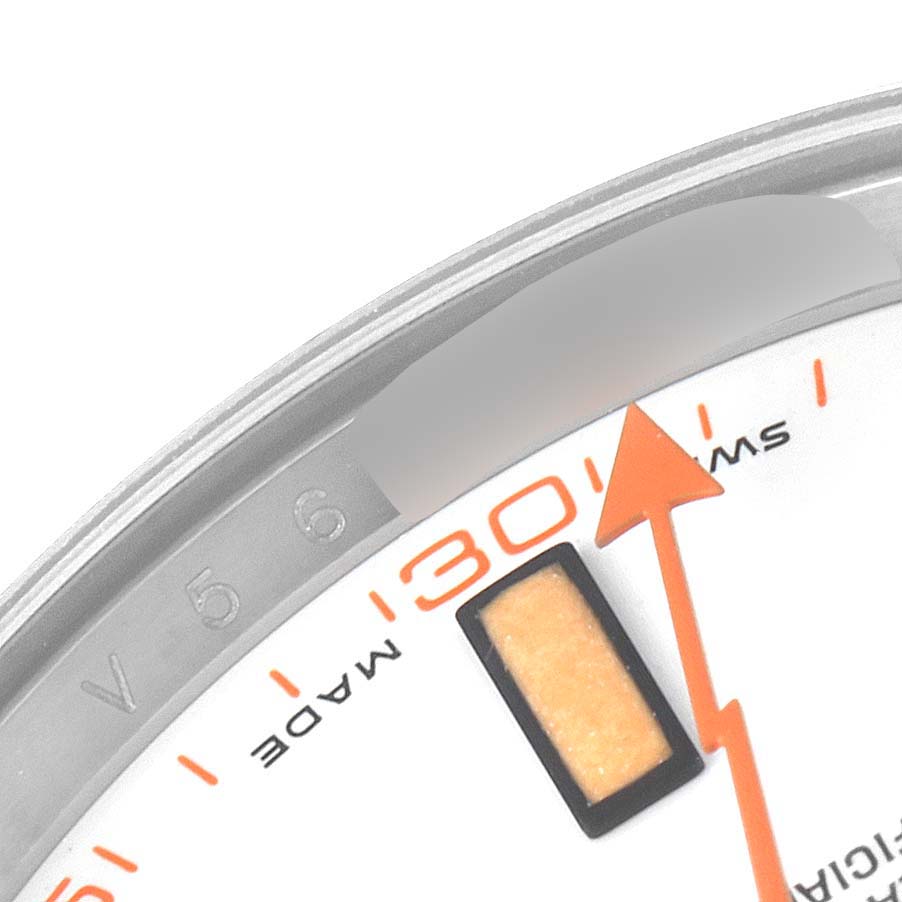 The image shows a close-up of the dial on a Rolex Milgauss 116400 Men's Stainless Steel White Dial 116400 Men's Stainless Steel White Dial watch, highlighting the orange seconds hand and part of the minute markers.
