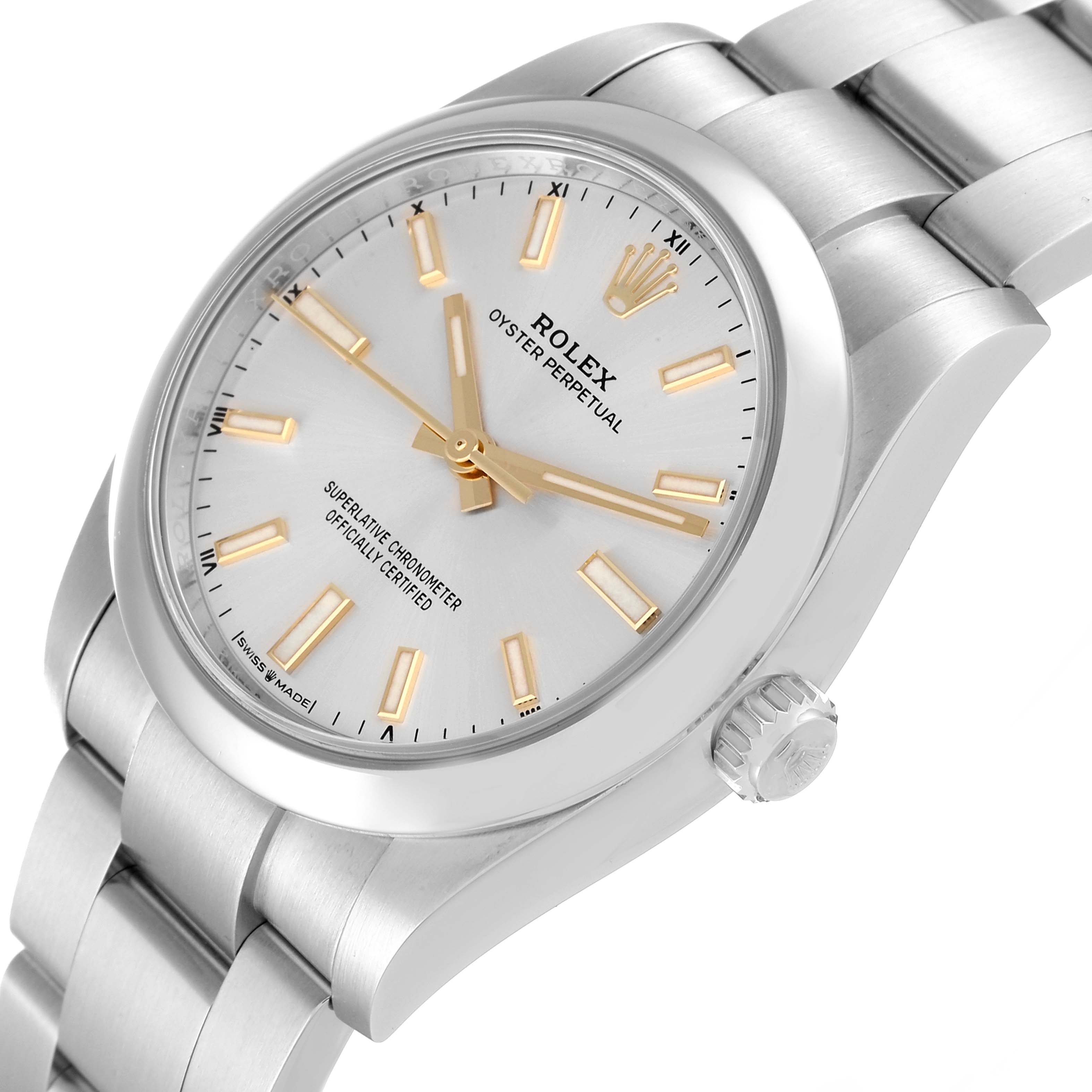 This image shows a side angle of the Rolex Oyster Perpetual 124200 Men's Stainless Steel Silver Dial 124200 Men's Stainless Steel Silver Dial watch, highlighting the dial, bezel, crown, and bracelet.