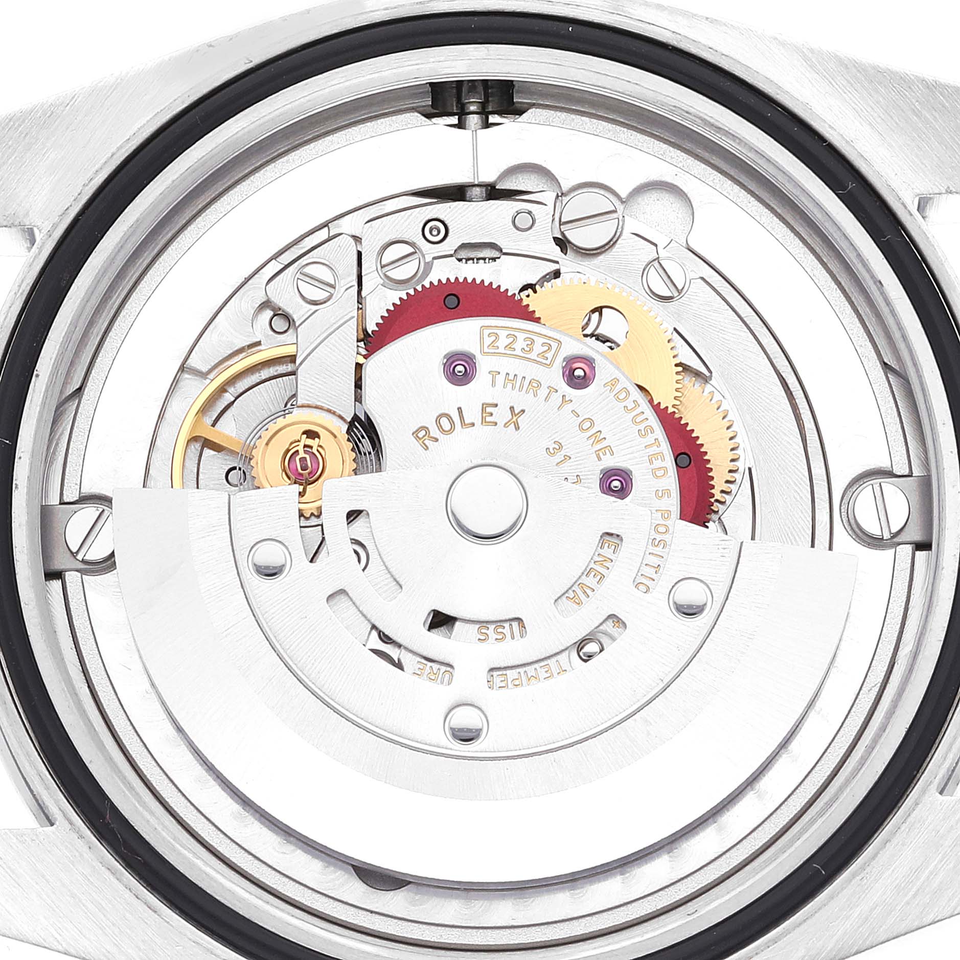 The image shows the movement mechanism of a Rolex Oyster Perpetual 124200 Men's Stainless Steel Silver Dial 124200 Men's Stainless Steel Silver Dial watch from the back.