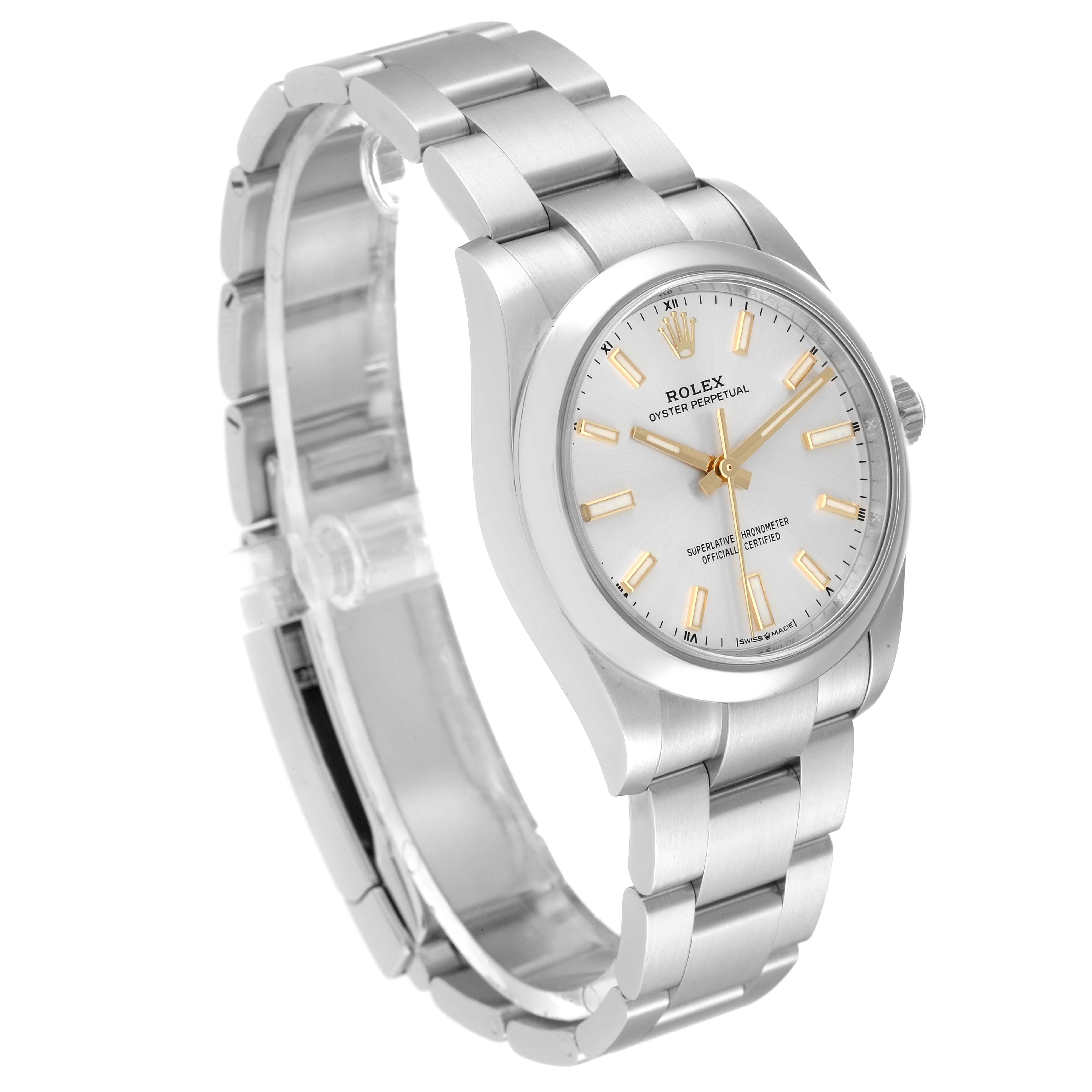 The Rolex Oyster Perpetual 124200 Men's Stainless Steel Silver Dial 124200 Men's Stainless Steel Silver Dial watch is shown at a three-quarter angle, highlighting the face, bezel, and bracelet.