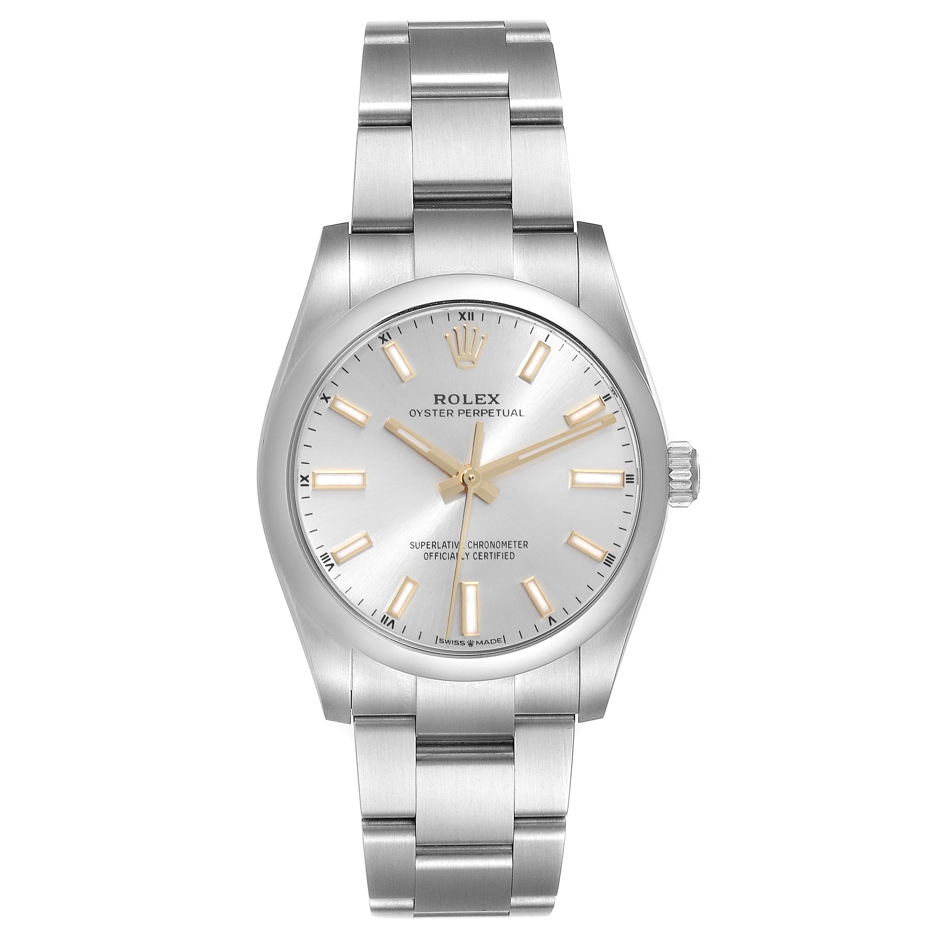 The image shows a front view of a Rolex Oyster Perpetual 124200 Men's Stainless Steel Silver Dial 124200 Men's Stainless Steel Silver Dial watch, highlighting the dial, hands, and bracelet.