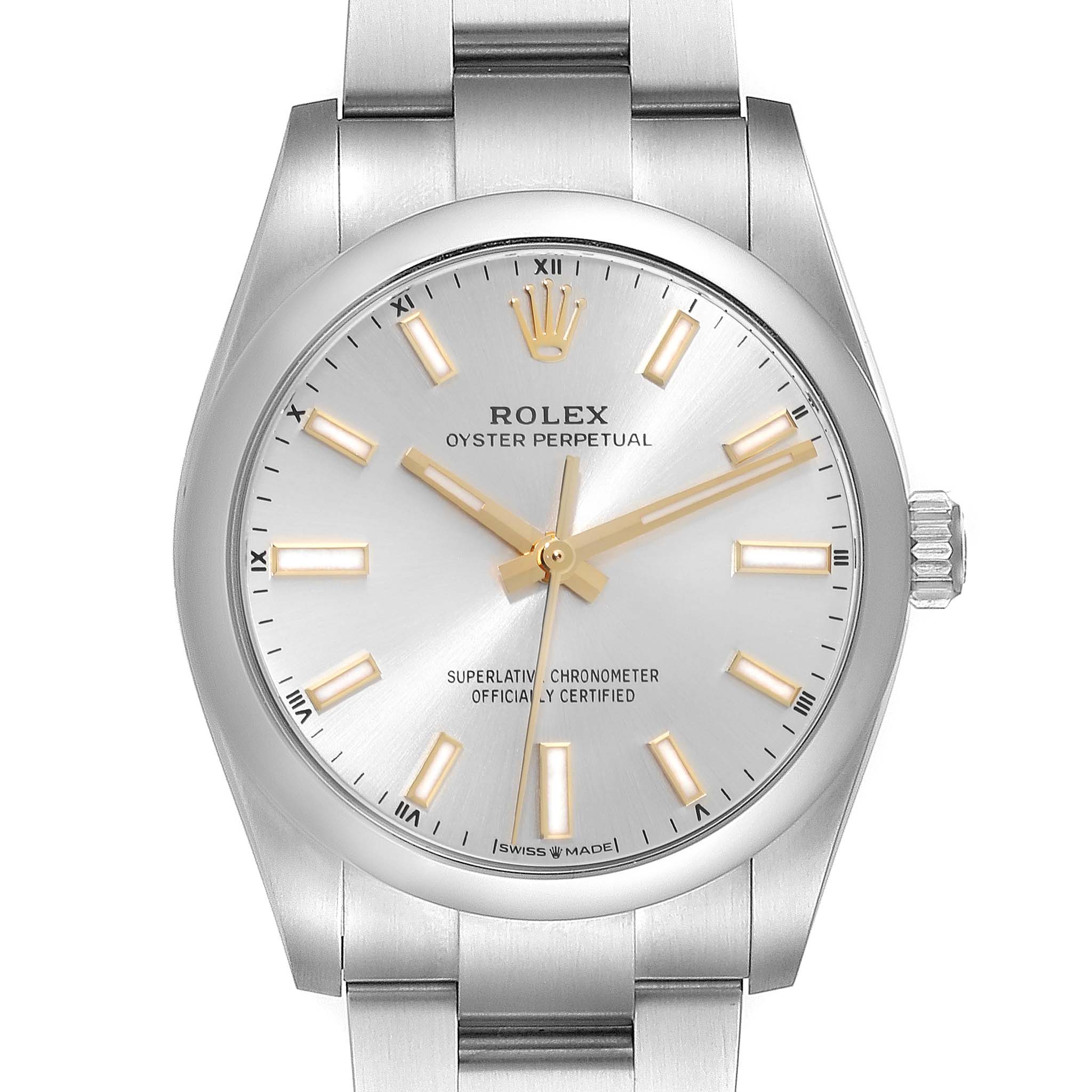 The image shows a front view of a Rolex Oyster Perpetual 124200 Men's Stainless Steel Silver Dial 124200 Men's Stainless Steel Silver Dial watch, highlighting the dial, hands, and part of the bracelet.