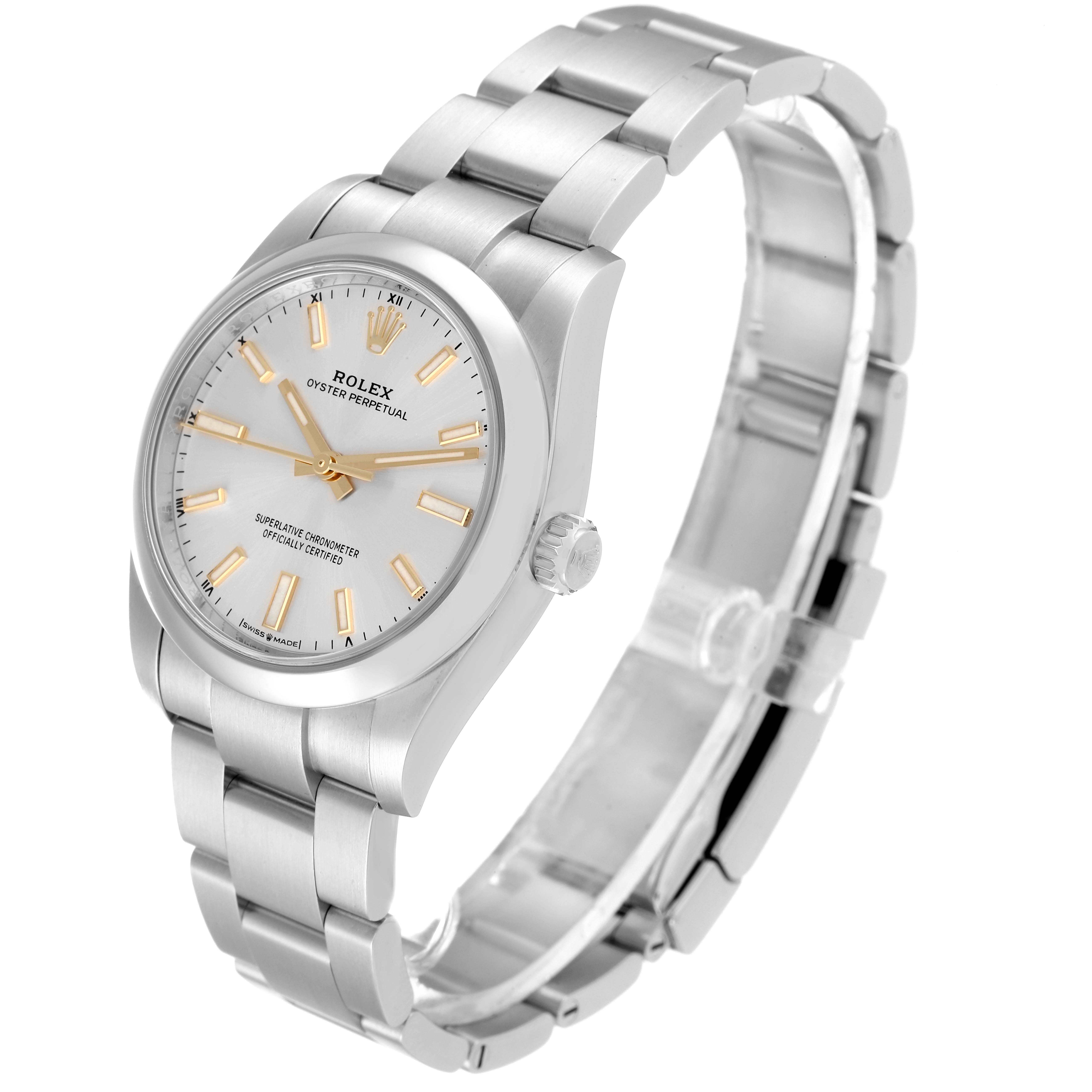 The image shows a Rolex Oyster Perpetual 124200 Men's Stainless Steel Silver Dial 124200 Men's Stainless Steel Silver Dial watch at a three-quarter angle, highlighting the face, bezel, and bracelet.