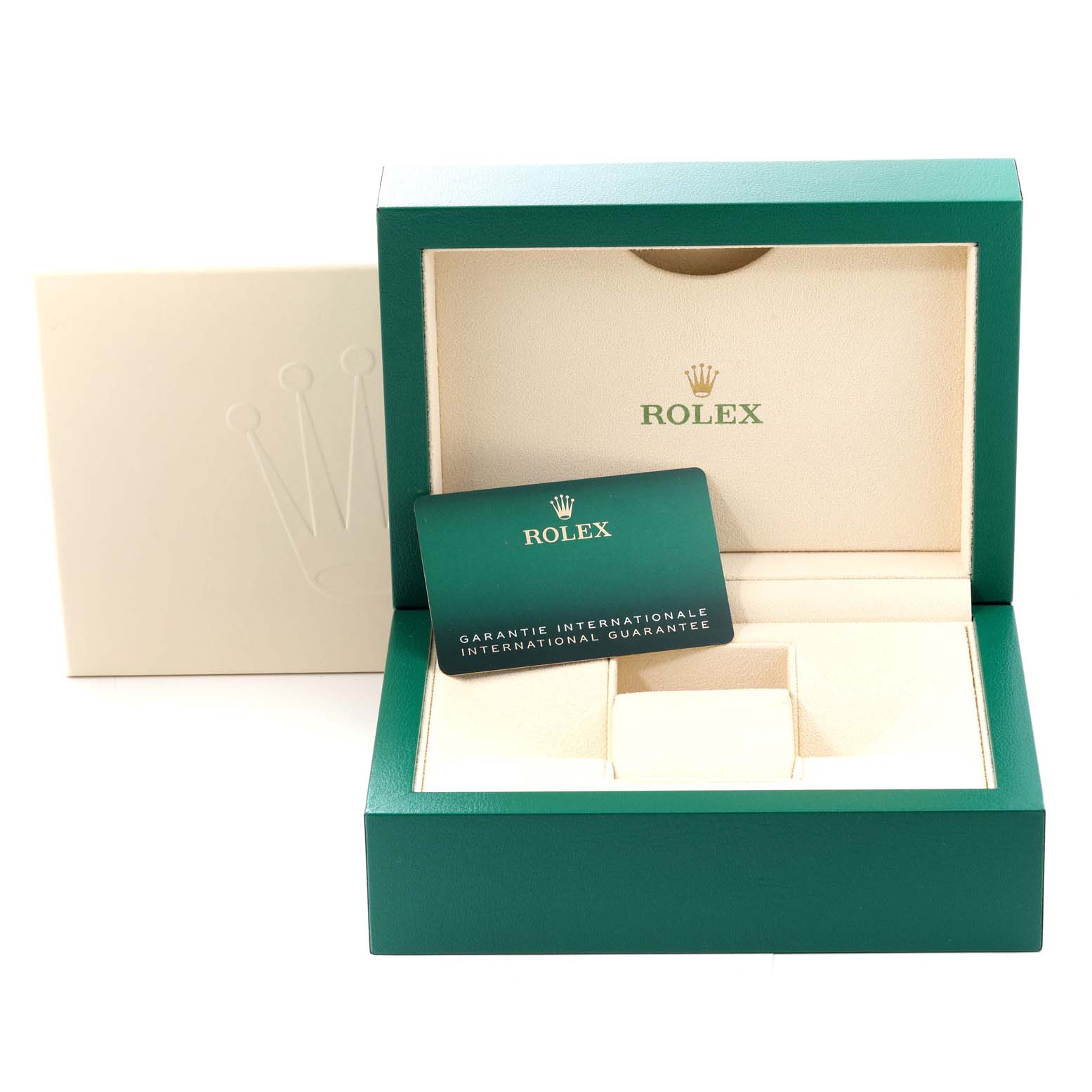 The image shows a Rolex Oyster Perpetual 124200 Men's Stainless Steel Silver Dial 124200 Men's Stainless Steel Silver Dial watch box, the outer box, and an international guarantee card.