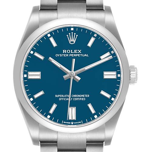 The image shows a frontal view of the Rolex Oyster Perpetual 126000 Men's Stainless Steel Blue Dial watch, highlighting its blue dial, hour markers, hands, and crown.