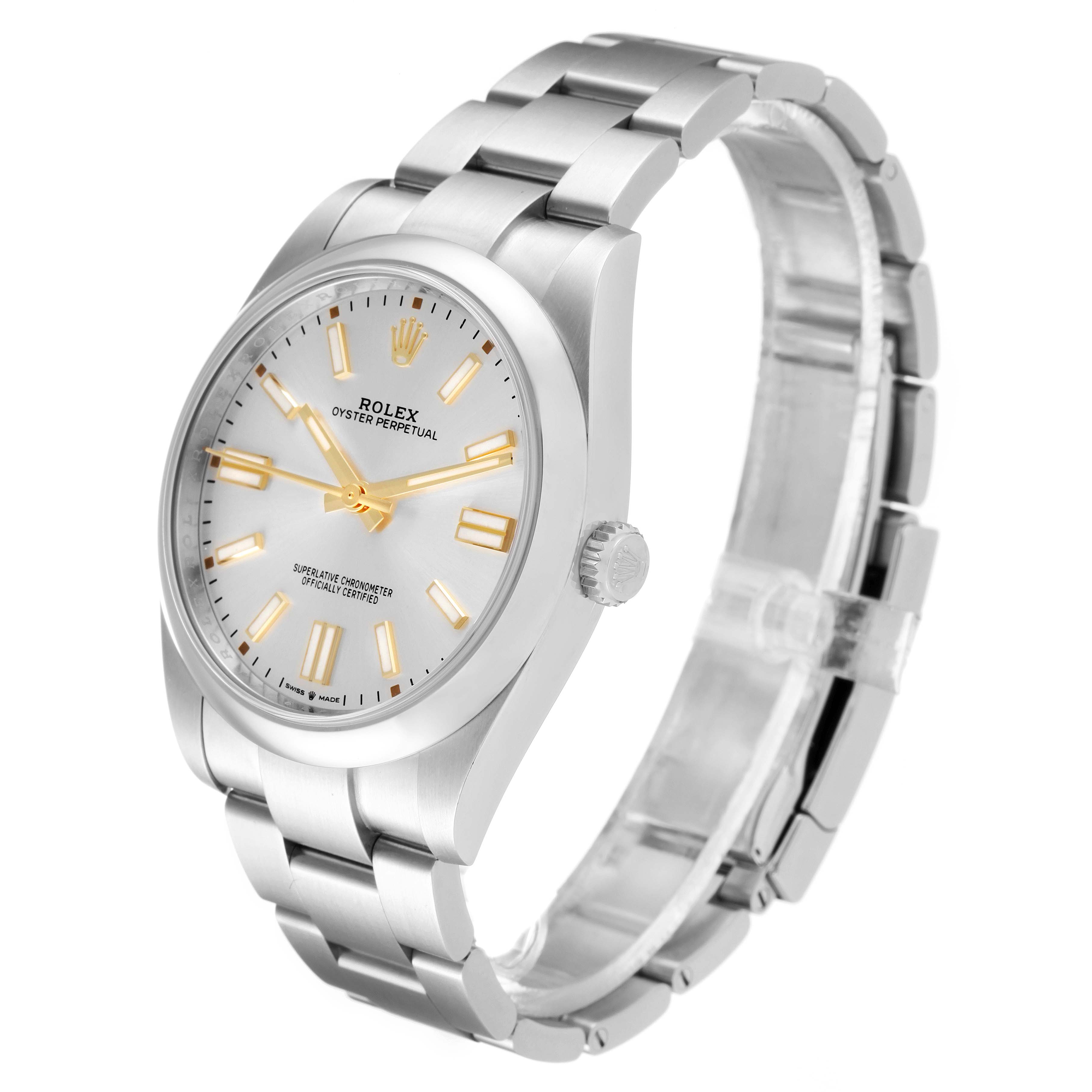 The image shows the front and side angle of a Rolex Oyster Perpetual 124300 Men's Stainless Steel Silver Dial 124300 Men's Stainless Steel Silver Dial watch with its bracelet and clasp visible.