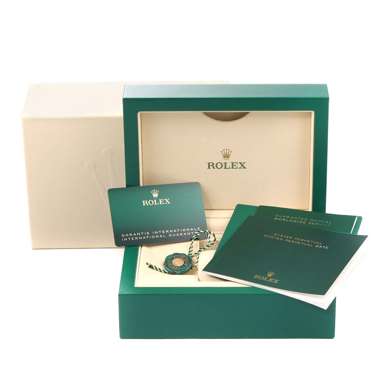 The image shows the packaging and accessories of a Rolex Oyster Perpetual 124300 Men's Stainless Steel Silver Dial 124300 Men's Stainless Steel Silver Dial watch, including the box, guarantee card, manuals, and tags.