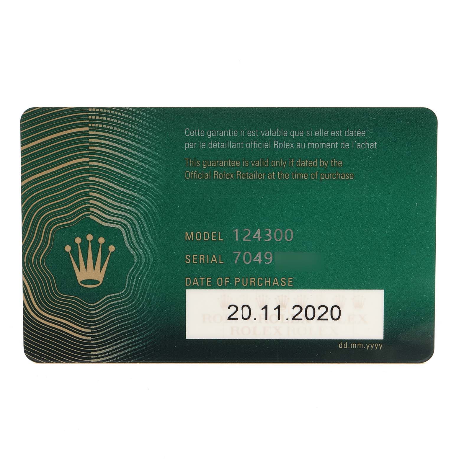 This image shows the warranty card for a Rolex Oyster Perpetual 124300 Men's Stainless Steel Silver Dial 124300 Men's Stainless Steel Silver Dial model 124300 with a purchase date of 20.11.2020.