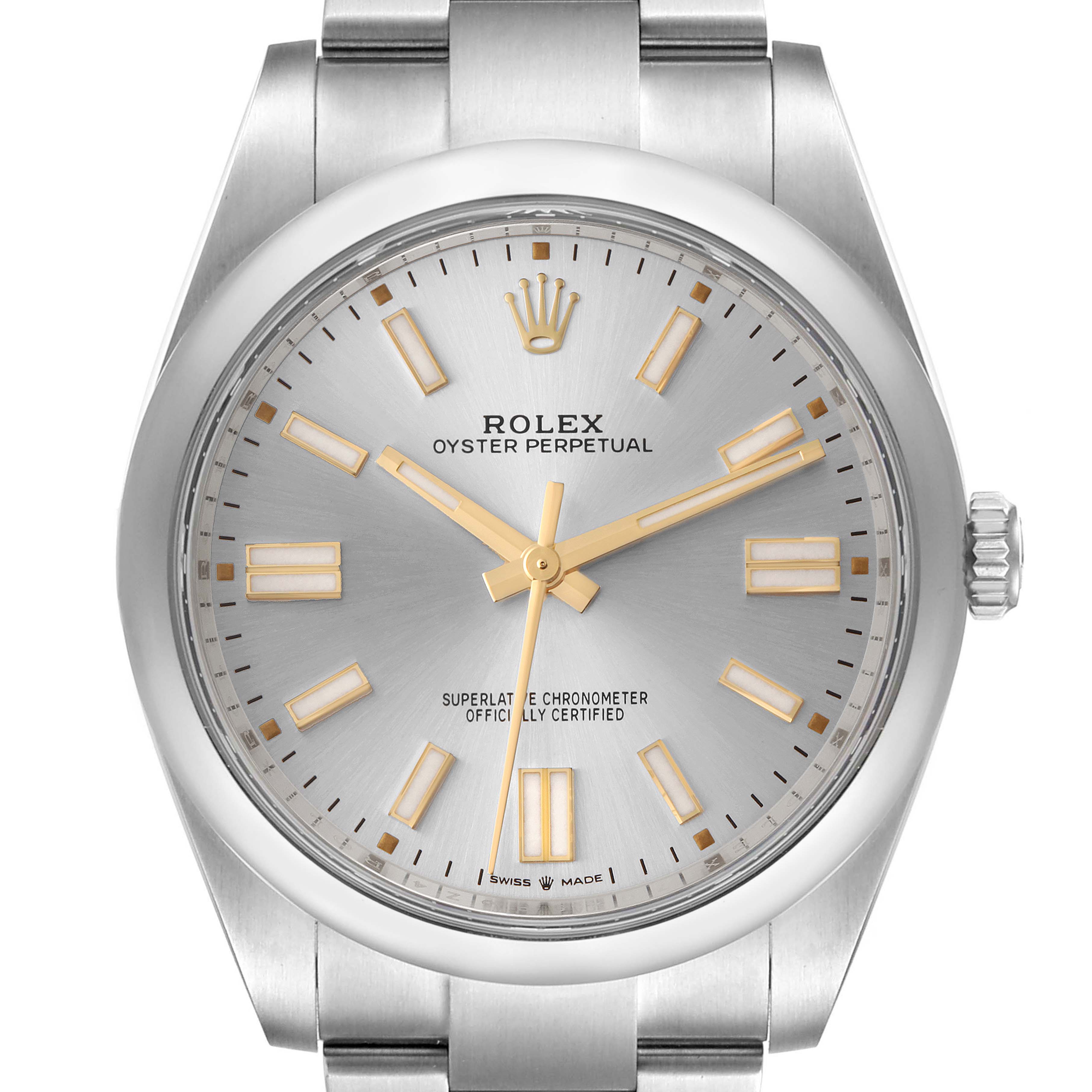 The image shows the front view of a Rolex Oyster Perpetual 124300 Men's Stainless Steel Silver Dial 124300 Men's Stainless Steel Silver Dial watch, featuring its dial, hands, and a portion of its bracelet.