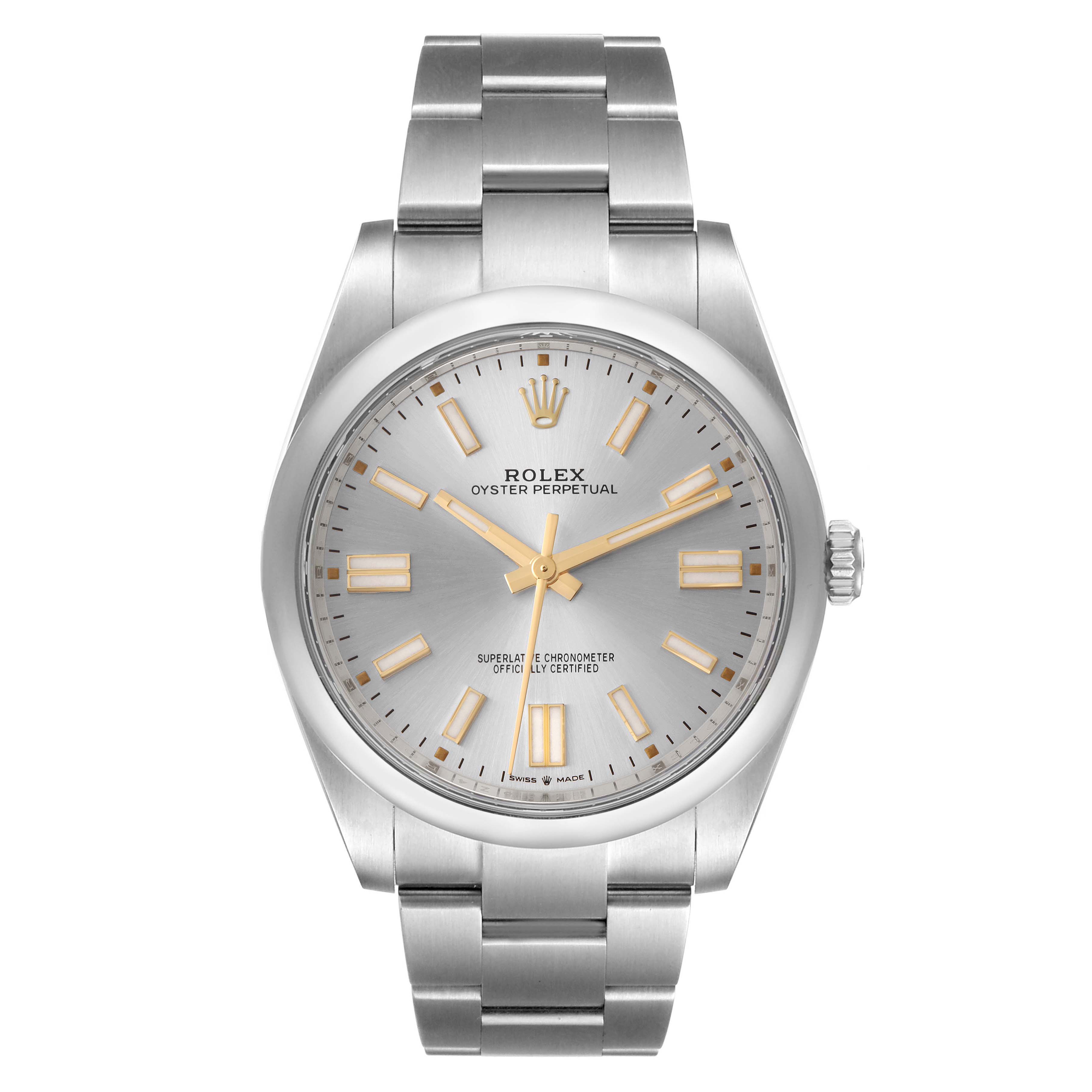 This image shows the front view of a Rolex Oyster Perpetual 124300 Men's Stainless Steel Silver Dial 124300 Men's Stainless Steel Silver Dial watch, displaying its dial, hands, bracelet, and crown.