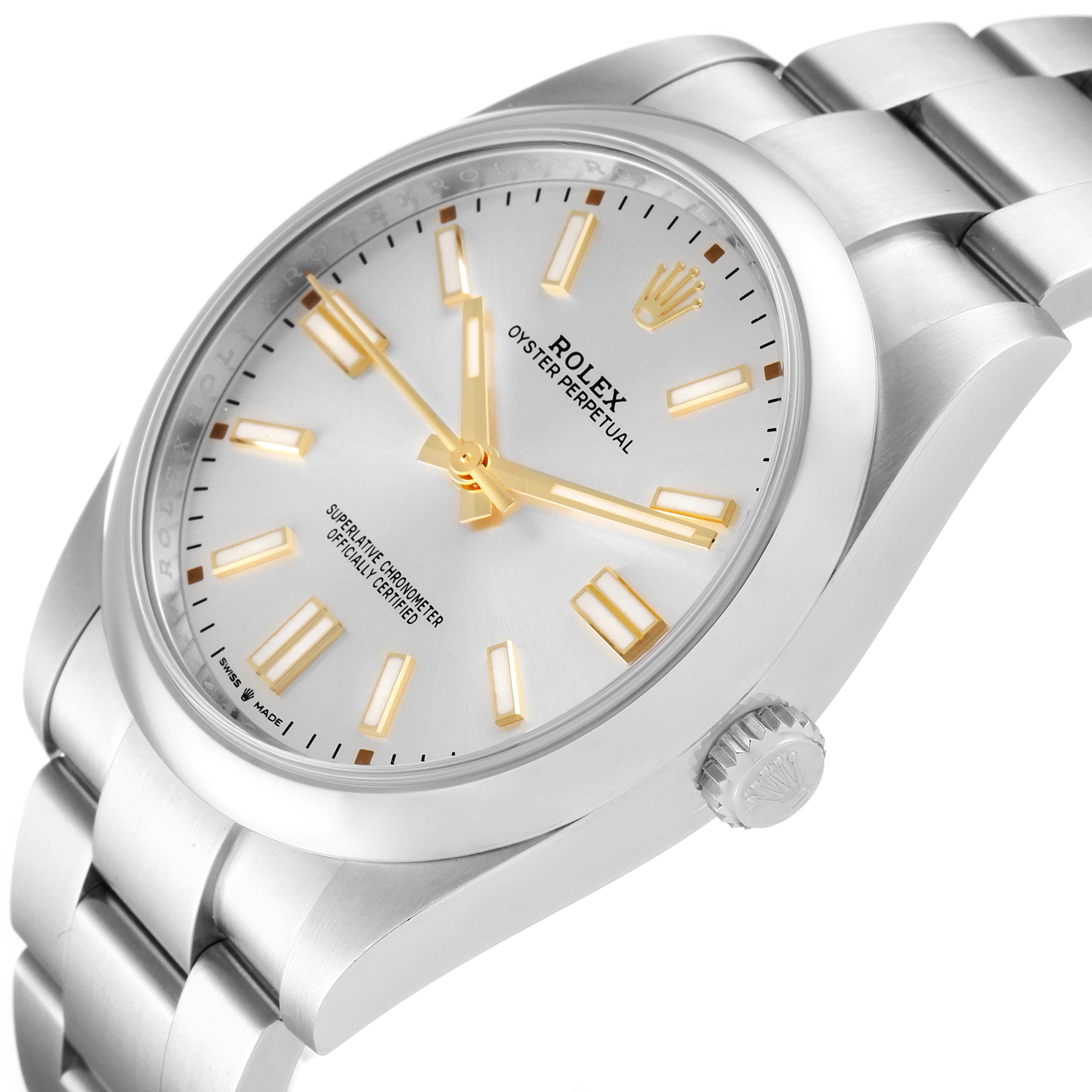 This image shows a close-up angle of the Rolex Oyster Perpetual 124300 Men's Stainless Steel Silver Dial 124300 Men's Stainless Steel Silver Dial watch, highlighting the dial, bezel, crown, and bracelet.