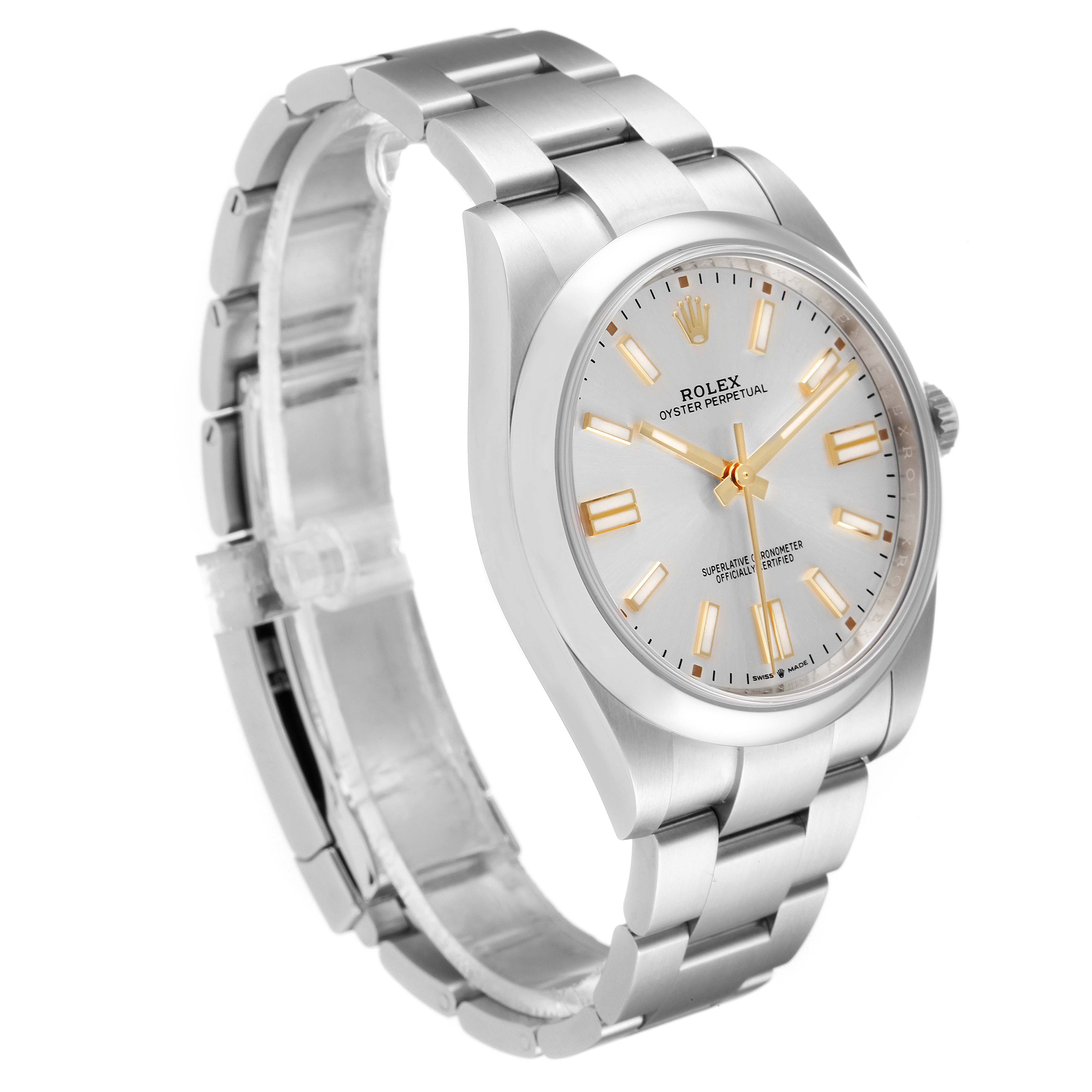 The image shows a Rolex Oyster Perpetual 124300 Men's Stainless Steel Silver Dial 124300 Men's Stainless Steel Silver Dial watch at a three-quarter angle, highlighting its face, case, and bracelet.