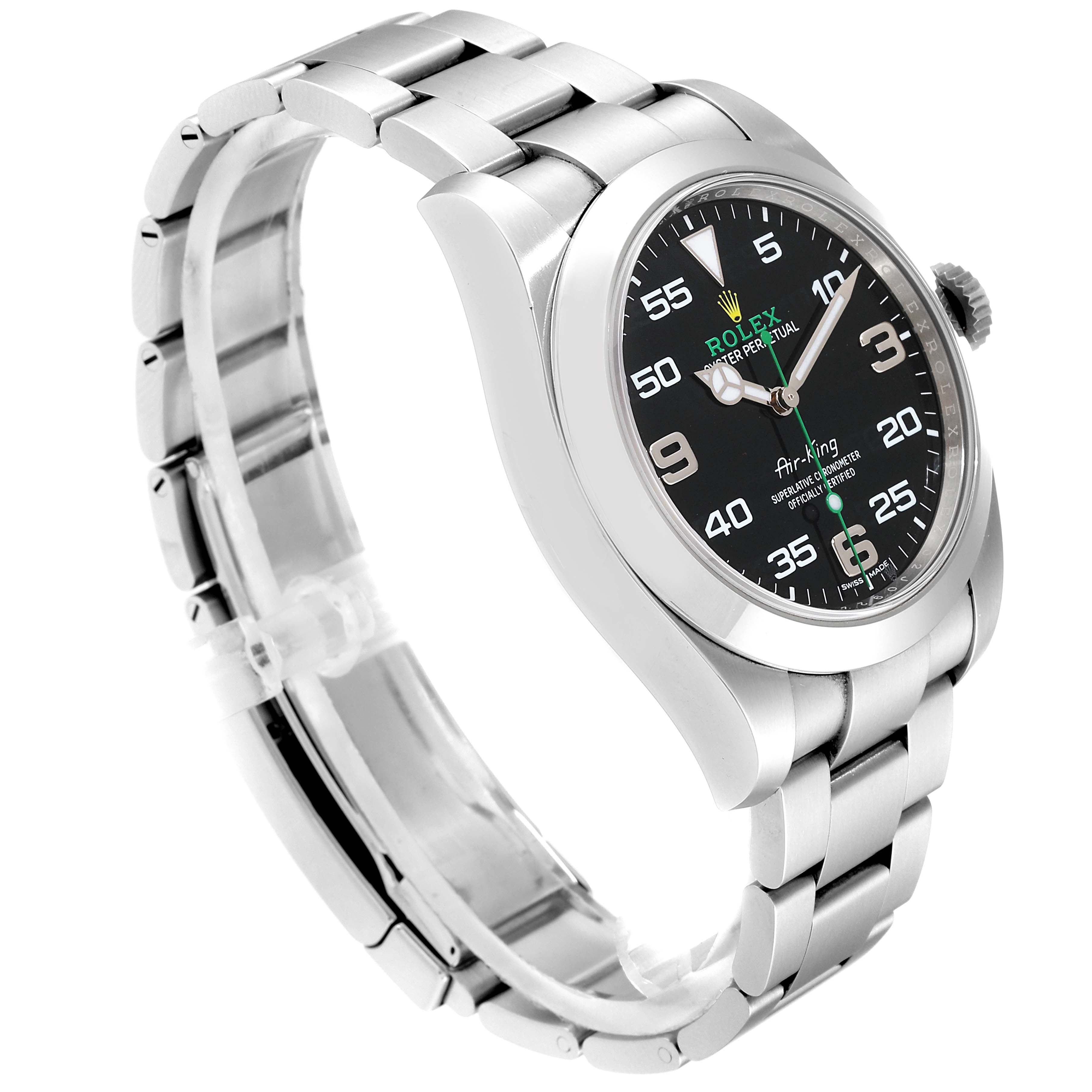 The image shows a Rolex Air-King 116900 Men's Stainless Steel Black Dial 116900 Men's Stainless Steel Black Dial watch at a slight angle, highlighting the bracelet, bezel, and dial.