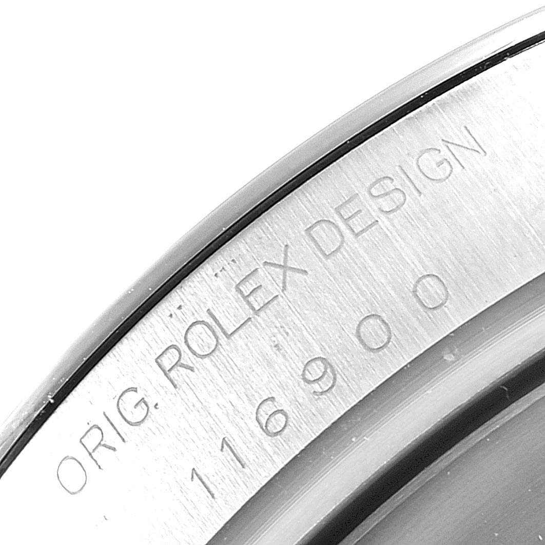 The image shows an angled close-up of the case back and edge of the Rolex Air-King 116900 Men's Stainless Steel Black Dial 116900 Men's Stainless Steel Black Dial model, featuring the model number 116900.