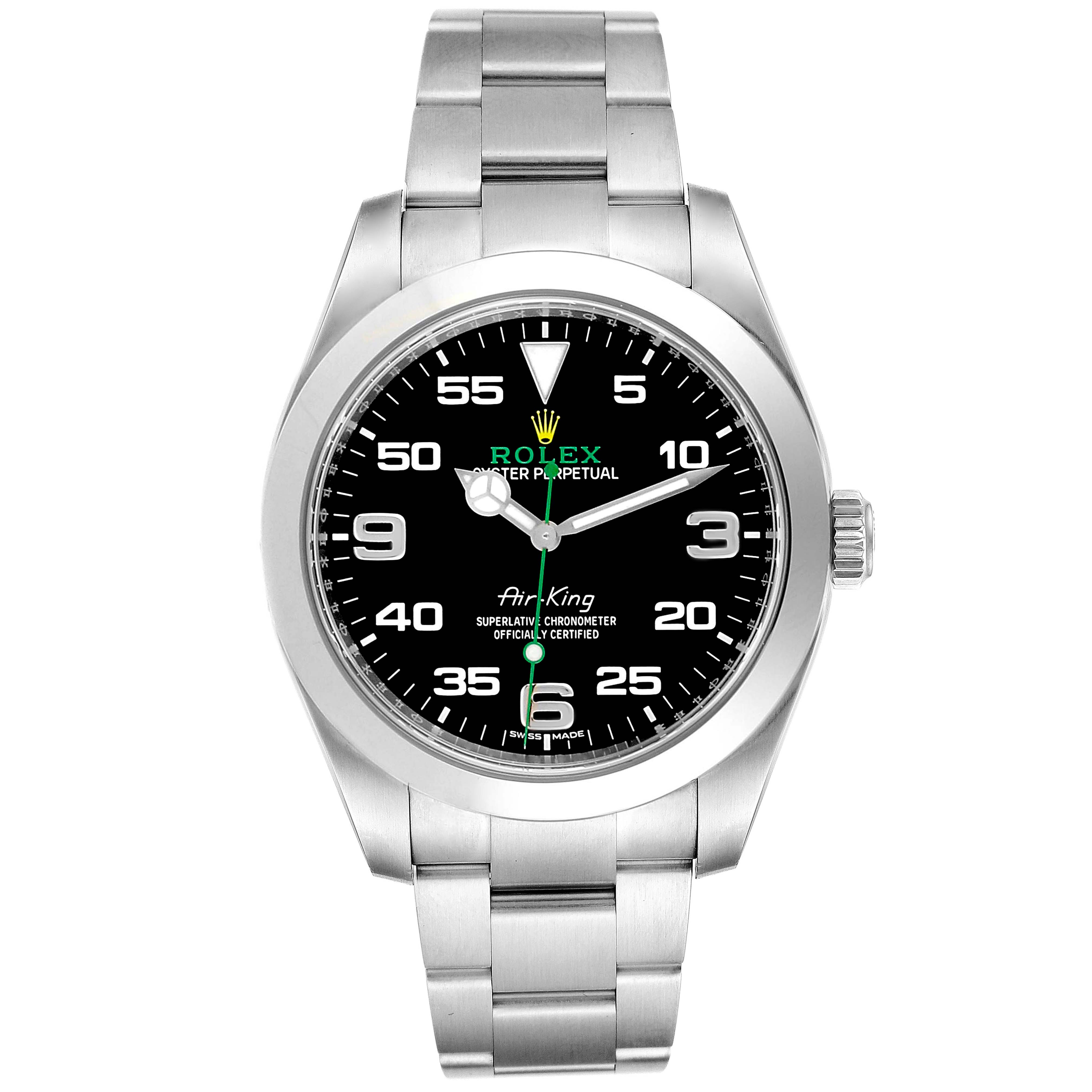 This is a front view of the Rolex Air-King 116900 Men's Stainless Steel Black Dial 116900 Men's Stainless Steel Black Dial watch showing the dial, bezel, crown, and bracelet.