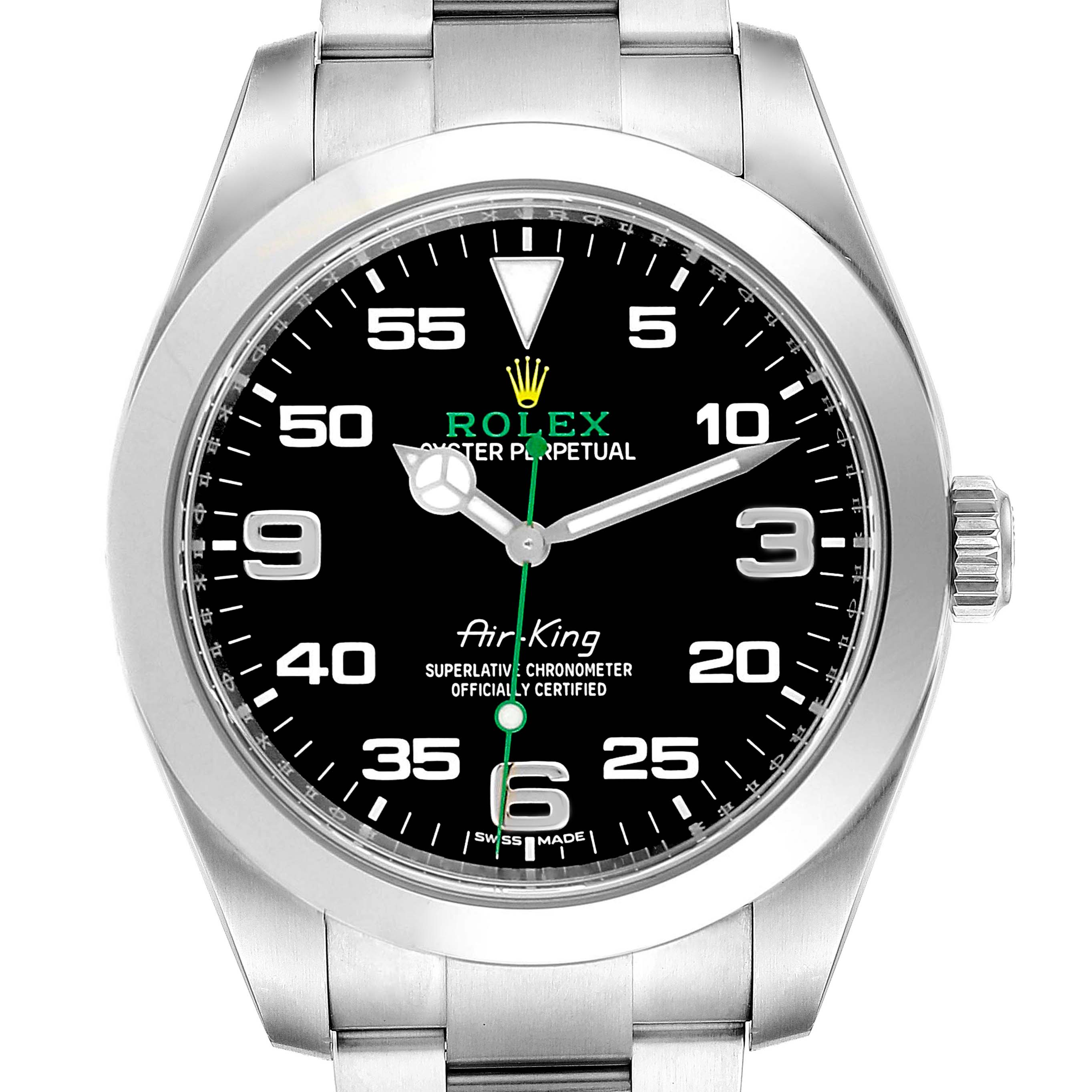 The image shows a front view of a Rolex Air-King 116900 Men's Stainless Steel Black Dial 116900 Men's Stainless Steel Black Dial wristwatch, displaying the dial, hour markers, hands, and part of the bracelet.
