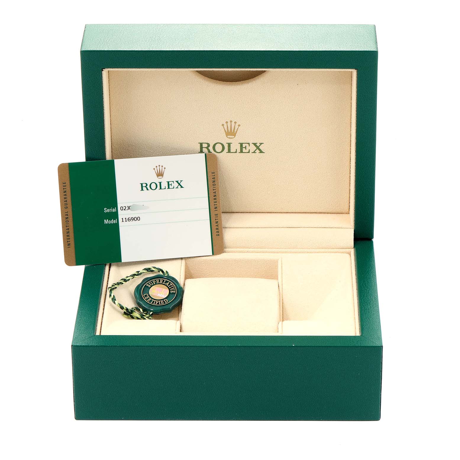 The image shows a green Rolex box for the Air-King model with a warranty card and a Rolex certification tag.