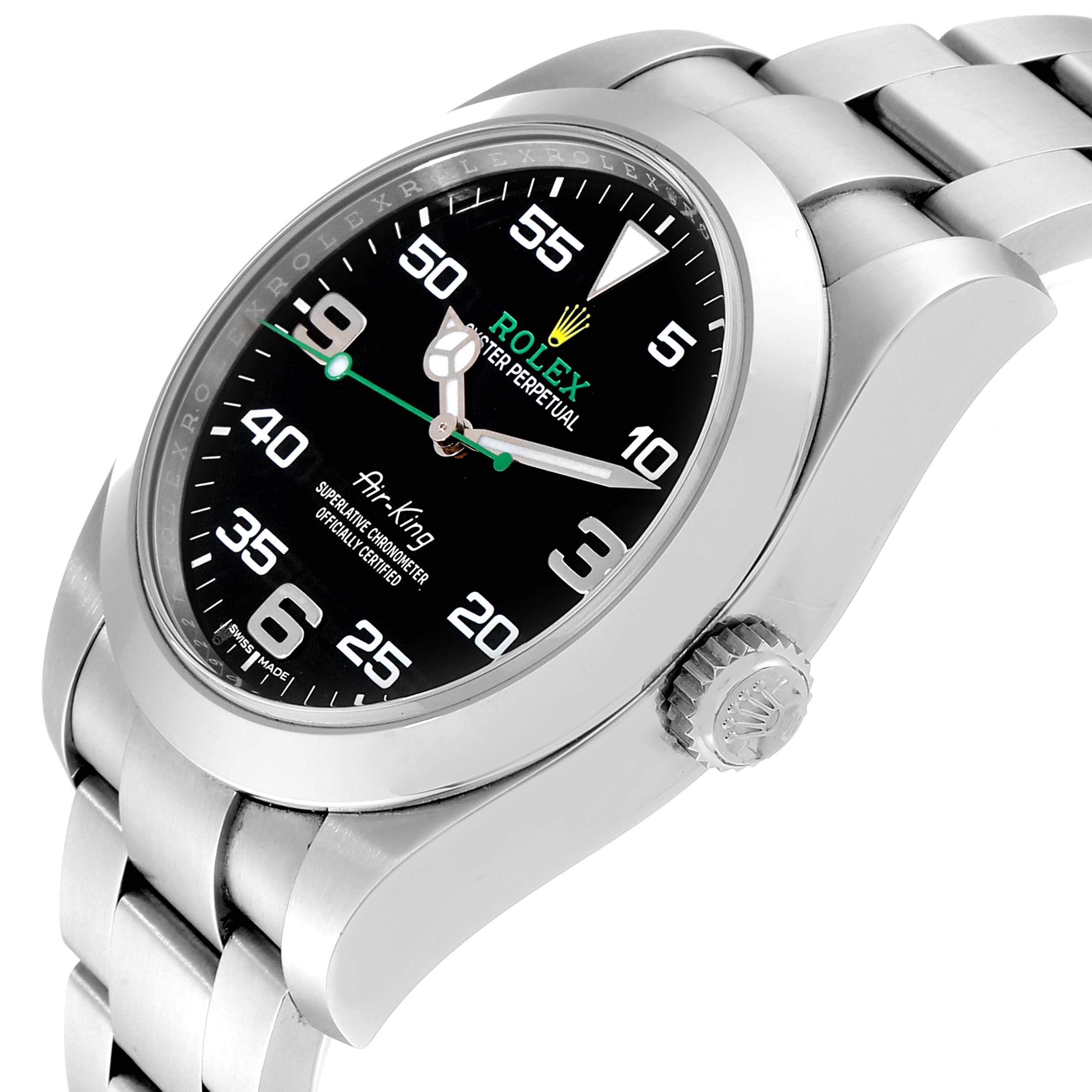 An angled view of the Rolex Air-King 116900 Men's Stainless Steel Black Dial 116900 Men's Stainless Steel Black Dial shows the watch face, bezel, crown, and part of the stainless steel bracelet.