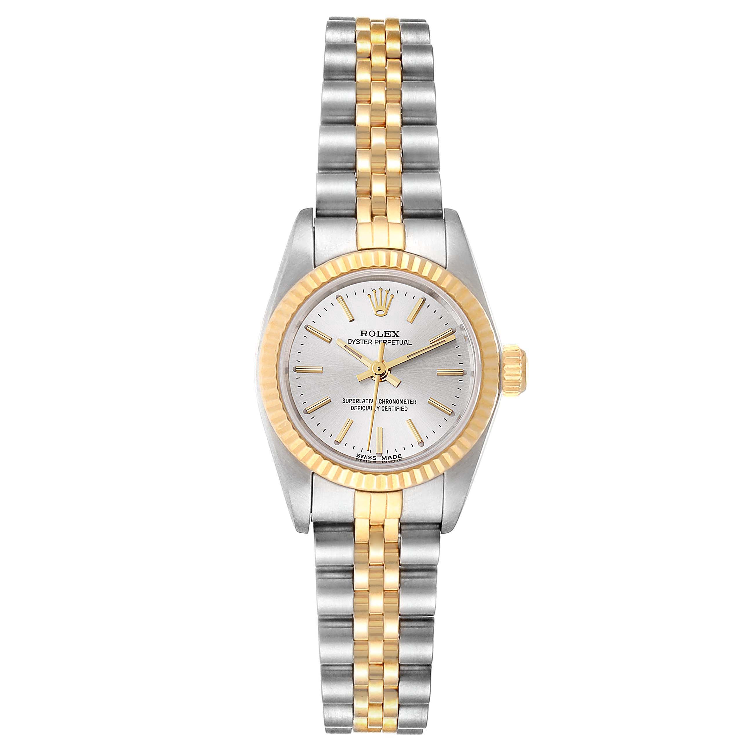 The image shows a front view of a Rolex Oyster Perpetual 67193 Women's Steel and Gold (two tone) Silver Dial 67193 Women's Steel and Gold (two tone) Silver Dial watch with a two-tone bracelet and fluted bezel.