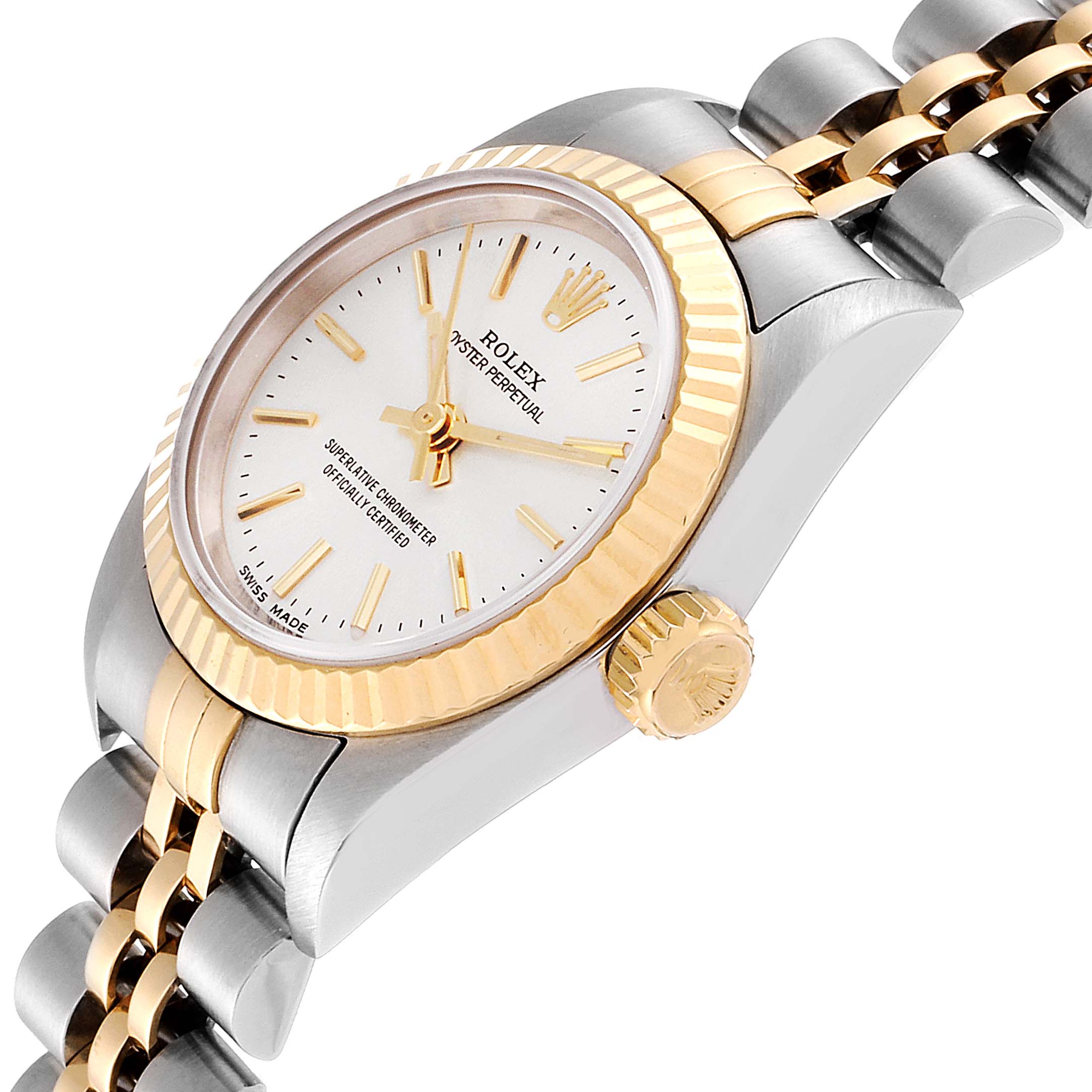 This image displays a Rolex Oyster Perpetual 67193 Women's Steel and Gold (two tone) Silver Dial 67193 Women's Steel and Gold (two tone) Silver Dial watch at an angled side-view, highlighting its bezel, crown, and two-tone bracelet.