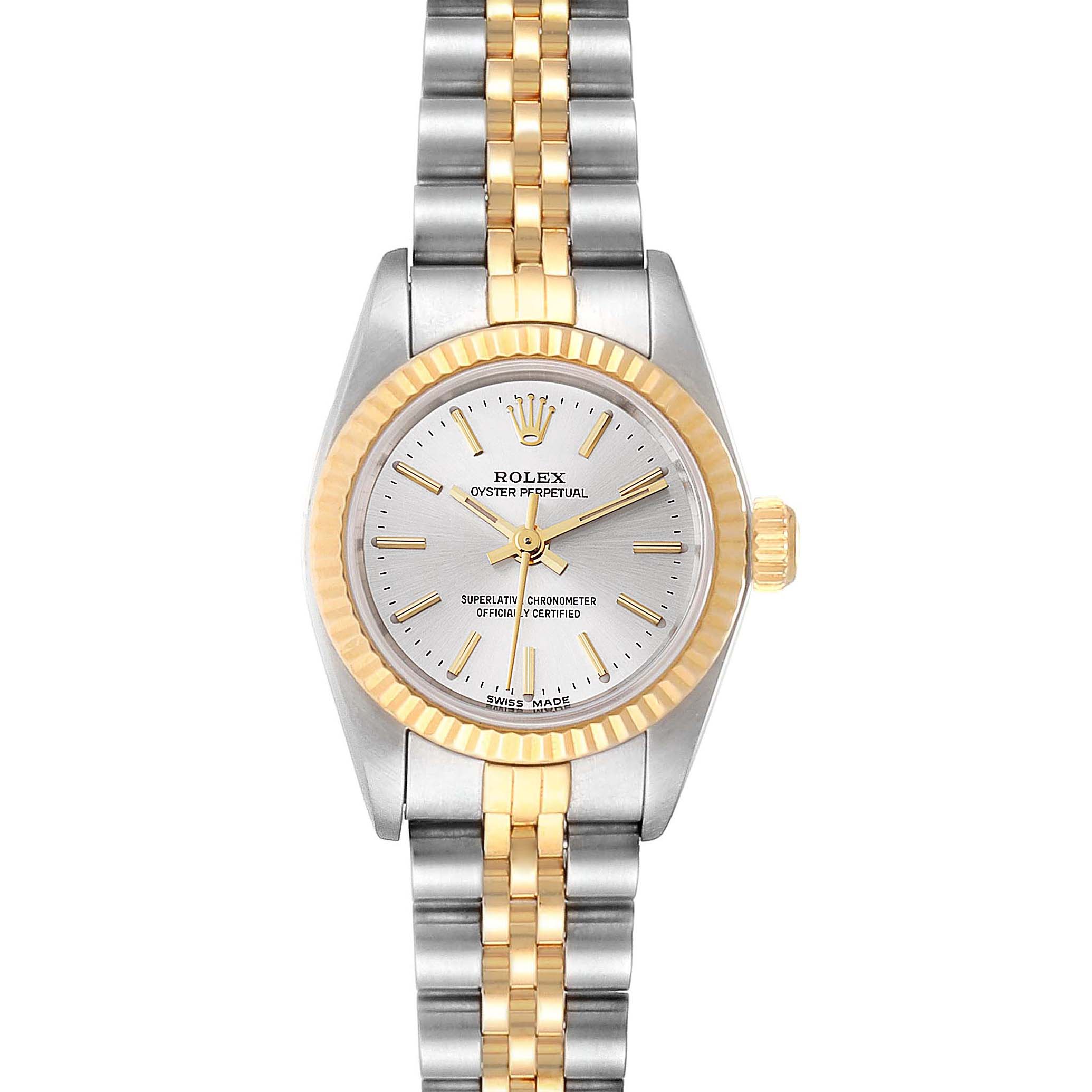 This image shows the front view of the Rolex Oyster Perpetual 67193 Women's Steel and Gold (two tone) Silver Dial 67193 Women's Steel and Gold (two tone) Silver Dial watch, highlighting the dial, bezel, and two-tone bracelet.