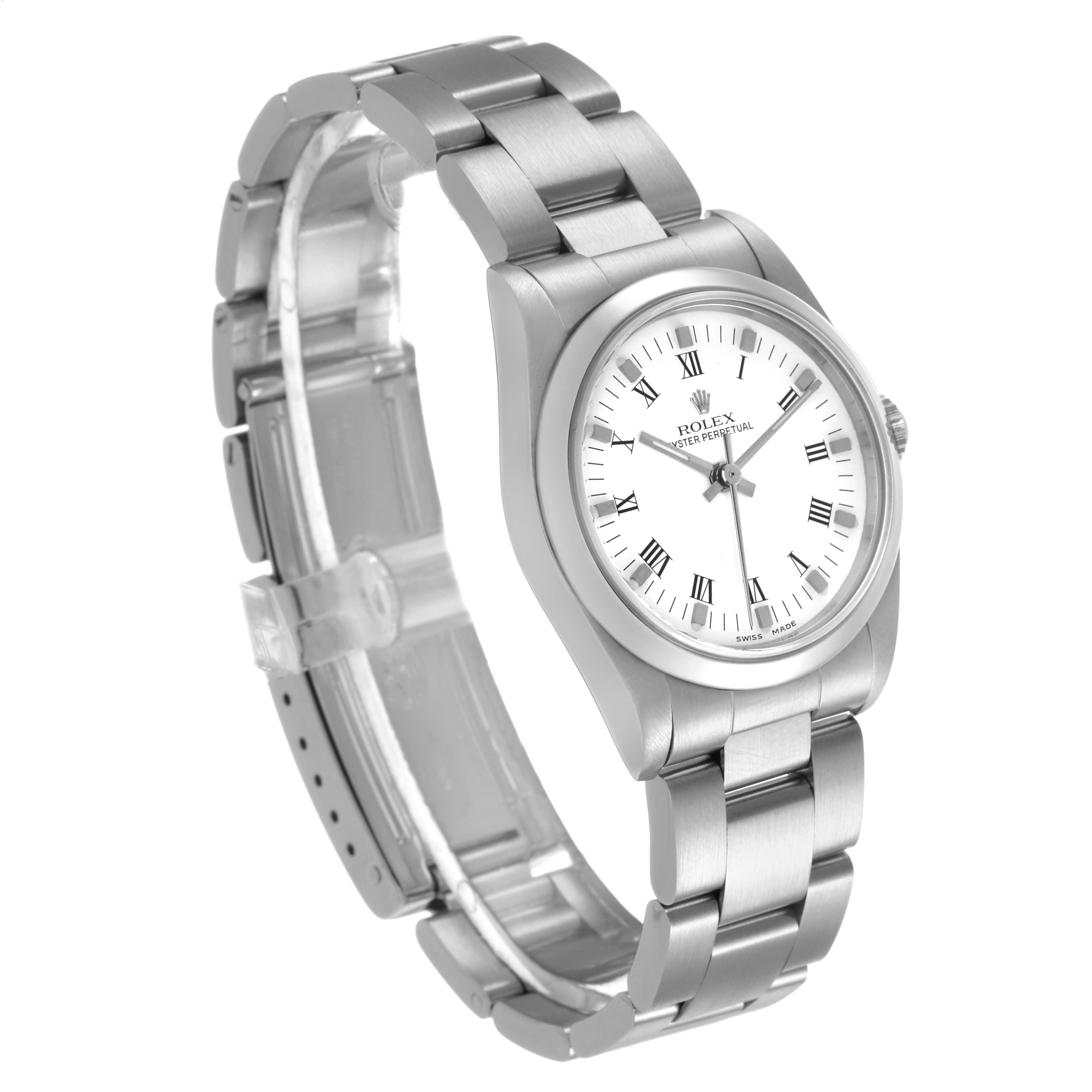 The Rolex Oyster Perpetual 77080 Women's Stainless Steel White Dial watch is shown at a slight angled view, highlighting the bracelet, bezel, and face.