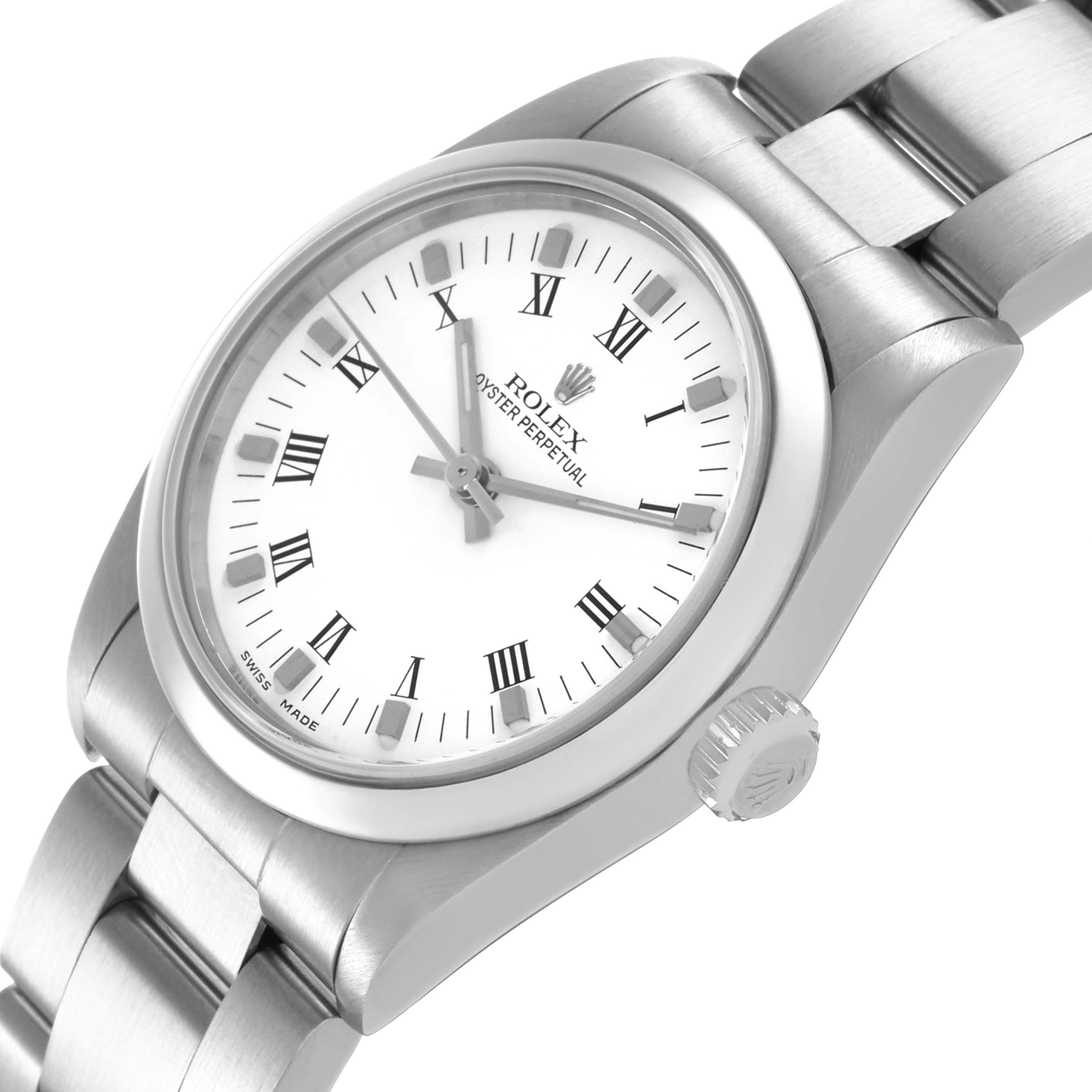 The Rolex Oyster Perpetual 77080 Women's Stainless Steel White Dial watch is shown at a side angle, highlighting the face, bracelet, and crown.