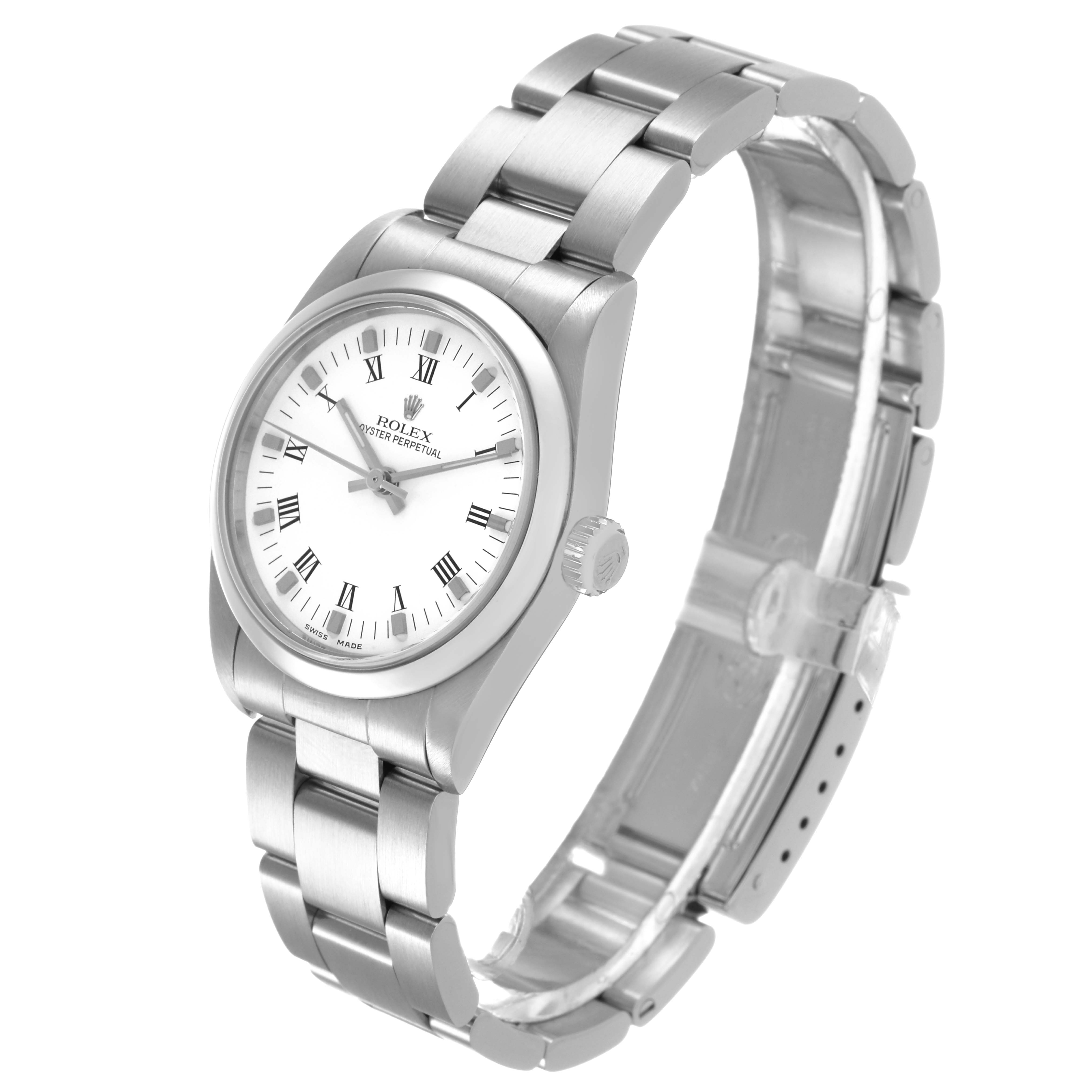 The Rolex Oyster Perpetual 77080 Women's Stainless Steel White Dial watch is shown at a three-quarter angle, highlighting its bracelet, crown, and face.