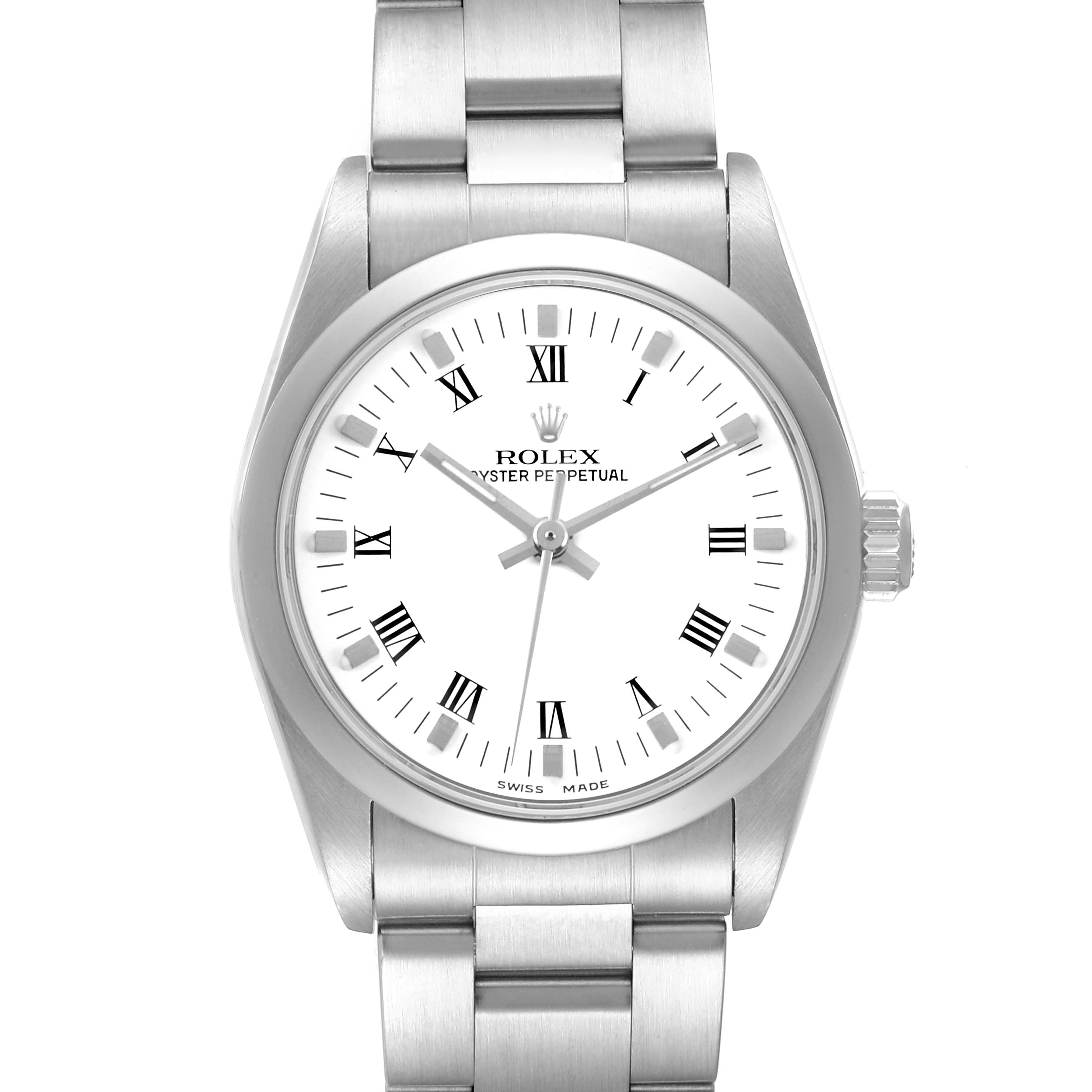 The Rolex Oyster Perpetual 77080 Women's Stainless Steel White Dial is shown from a front angle, displaying the watch face, bezel, crown, and part of the bracelet.