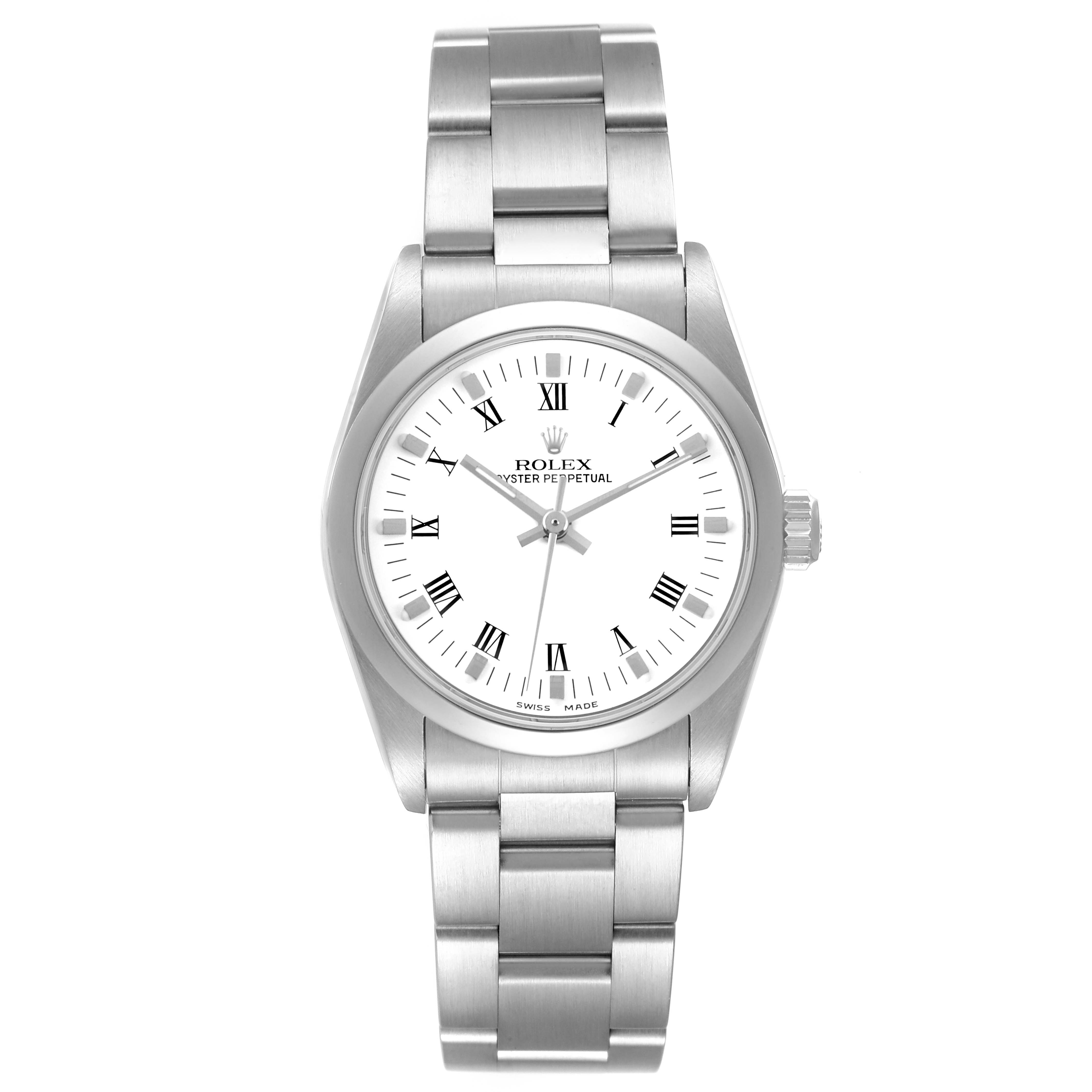 The Rolex Oyster Perpetual 77080 Women's Stainless Steel White Dial watch is shown from a top-down angle, displaying the full face, bezel, and bracelet.