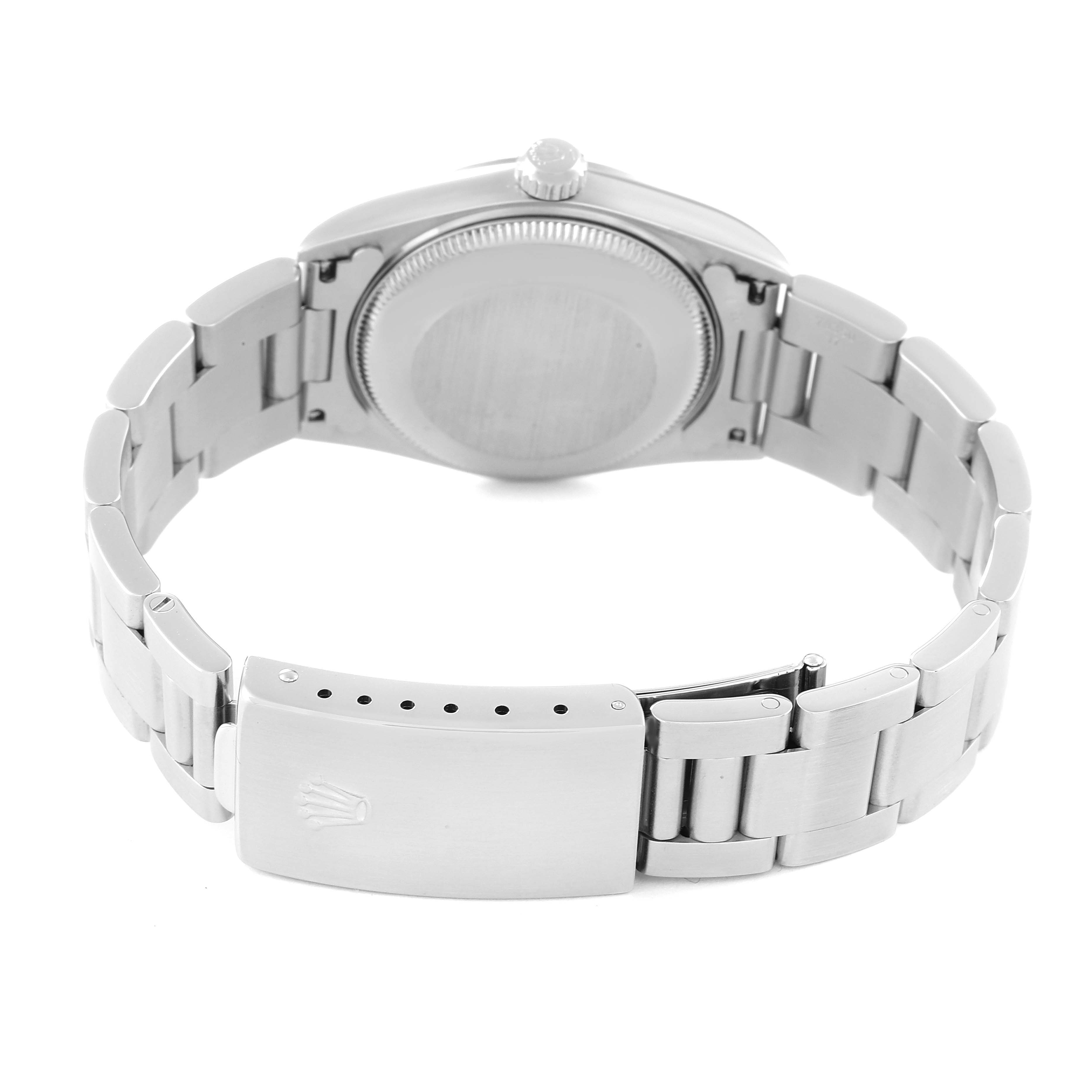 The image shows the back and clasp of a Mid-Size Rolex watch, including its bracelet and case back.