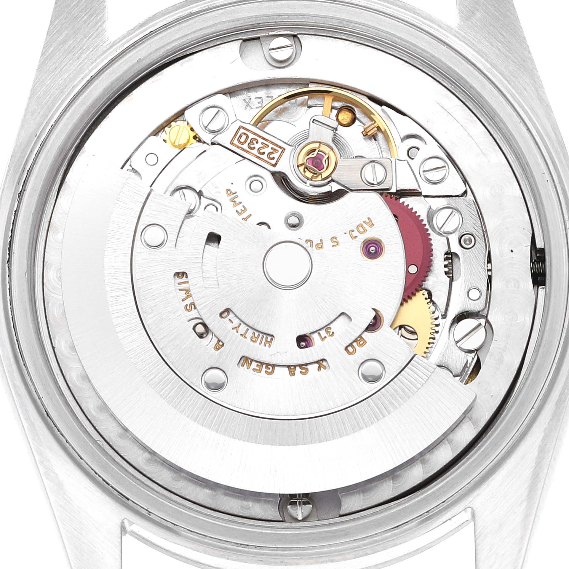 The image shows the internal mechanism of a Rolex Mid-Size 77080 Women
s Stainless Steel White Dial 77080 Women
s Stainless Steel White Dial watch from a rear angle, highlighting the movement components.