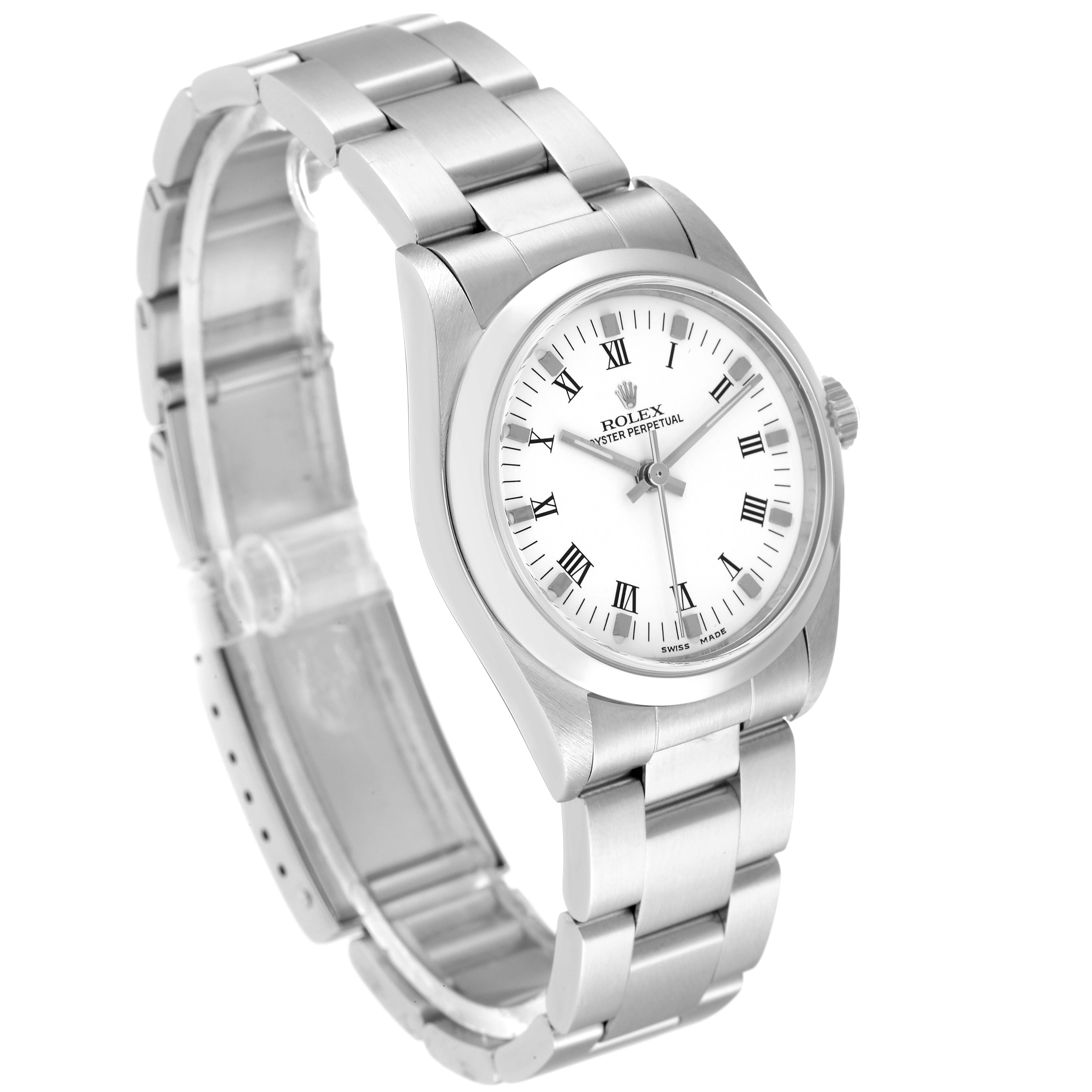 The image shows a side angle view of a Rolex Mid-Size 77080 Women
s Stainless Steel White Dial 77080 Women
s Stainless Steel White Dial Oyster Perpetual watch, displaying its bracelet, case, and dial.