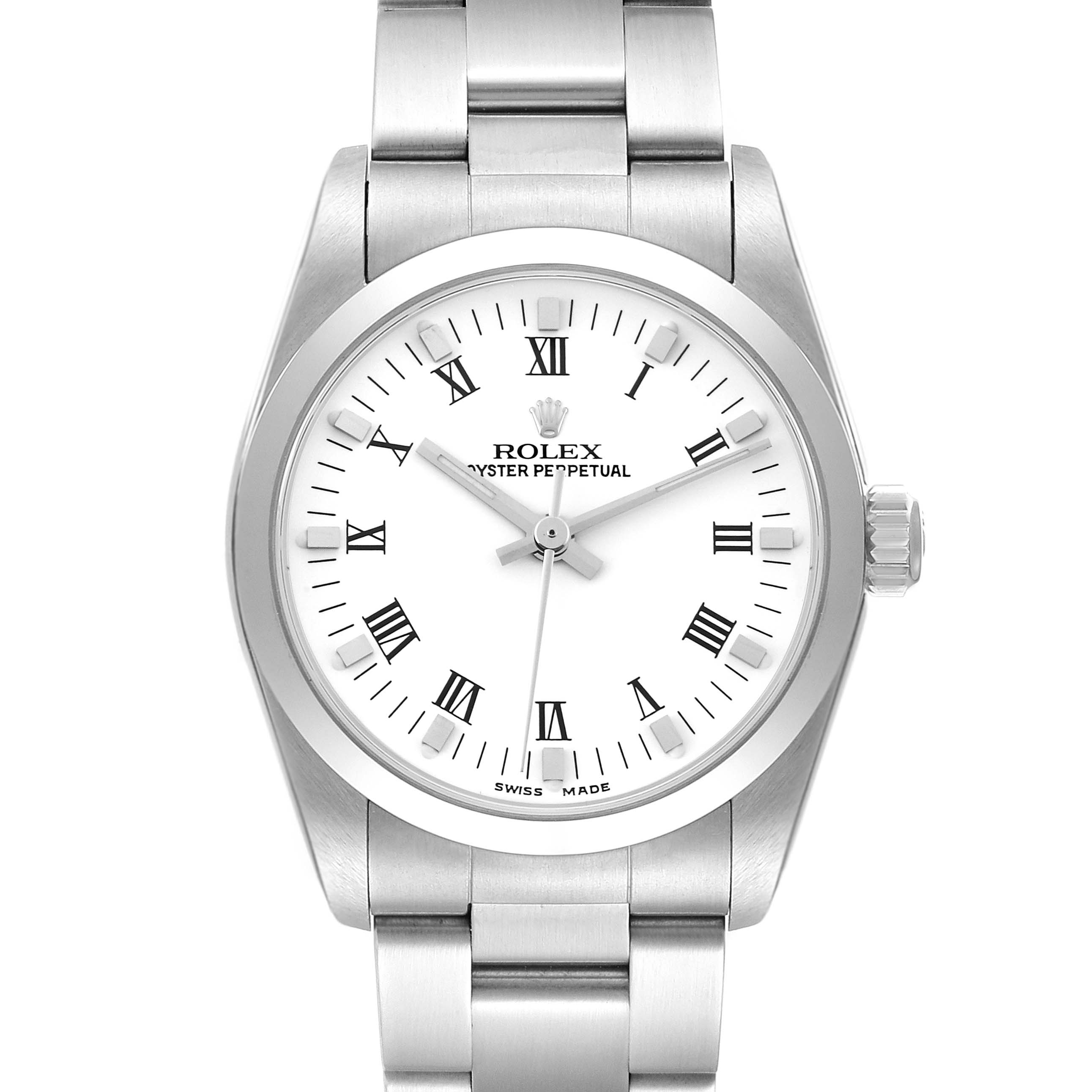 The image shows a front view of the Rolex Mid-Size 77080 Women
s Stainless Steel White Dial 77080 Women
s Stainless Steel White Dial Oyster Perpetual watch, displaying the dial and bracelet.