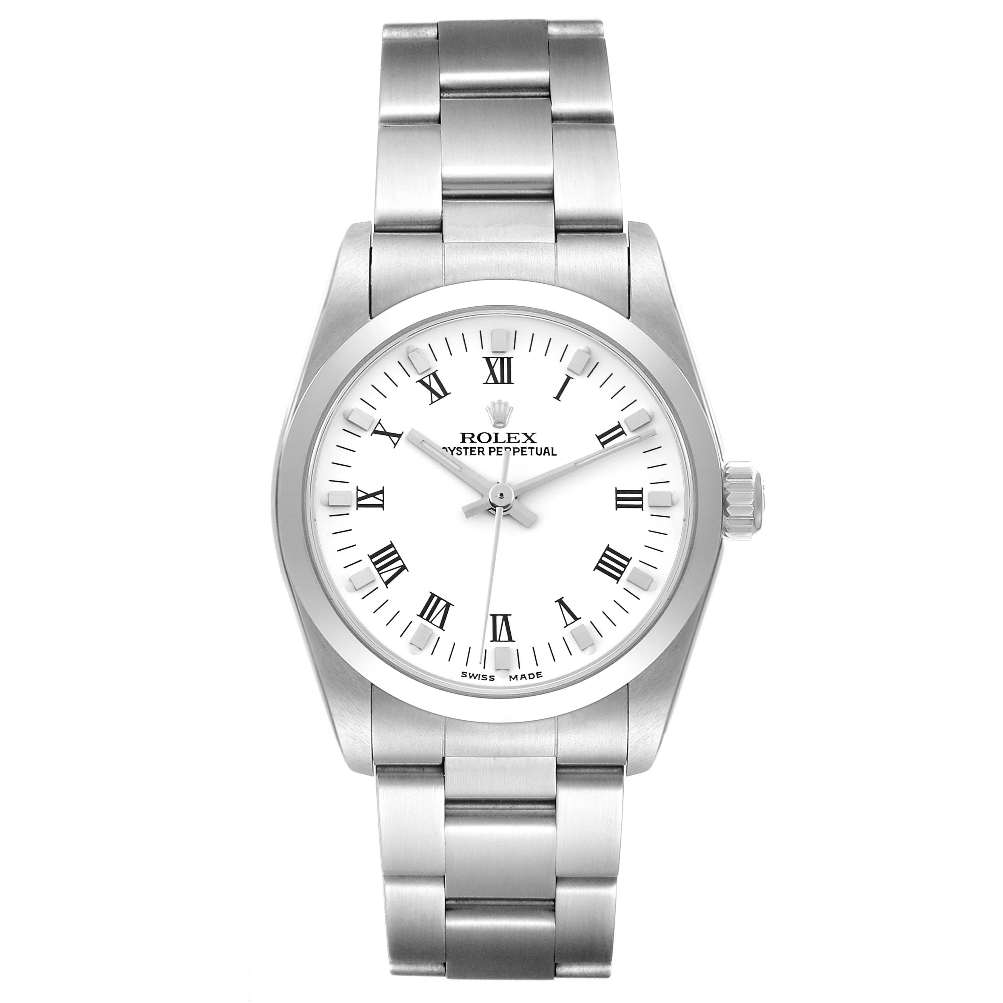 This is a frontal view of the Rolex Mid-Size 77080 Women
s Stainless Steel White Dial 77080 Women
s Stainless Steel White Dial model, showing the face, bezel, and bracelet.