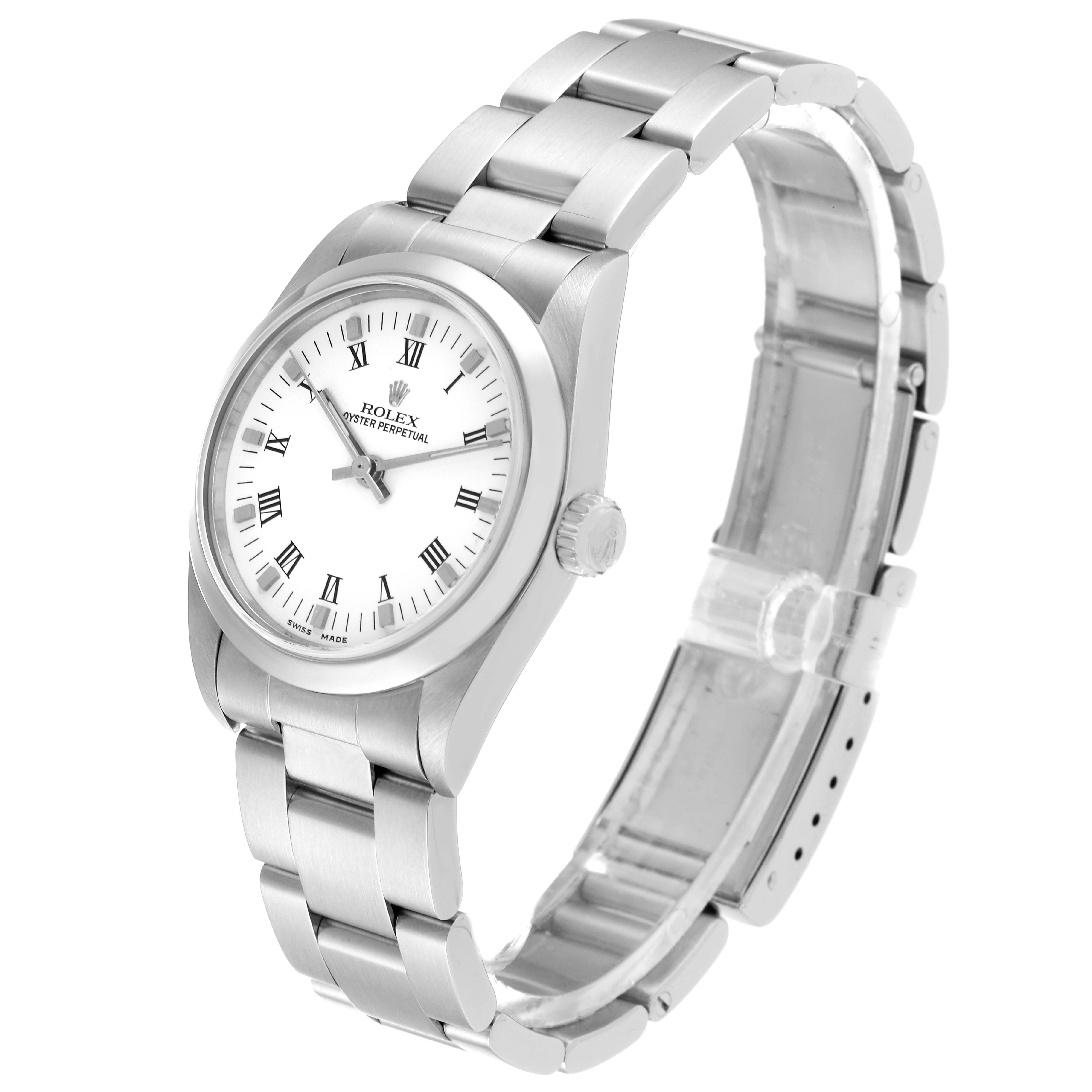 The image shows a side-angle view of a Rolex Mid-Size 77080 Women
s Stainless Steel White Dial 77080 Women
s Stainless Steel White Dial Oyster Perpetual watch, highlighting its face, bezel, and bracelet.
