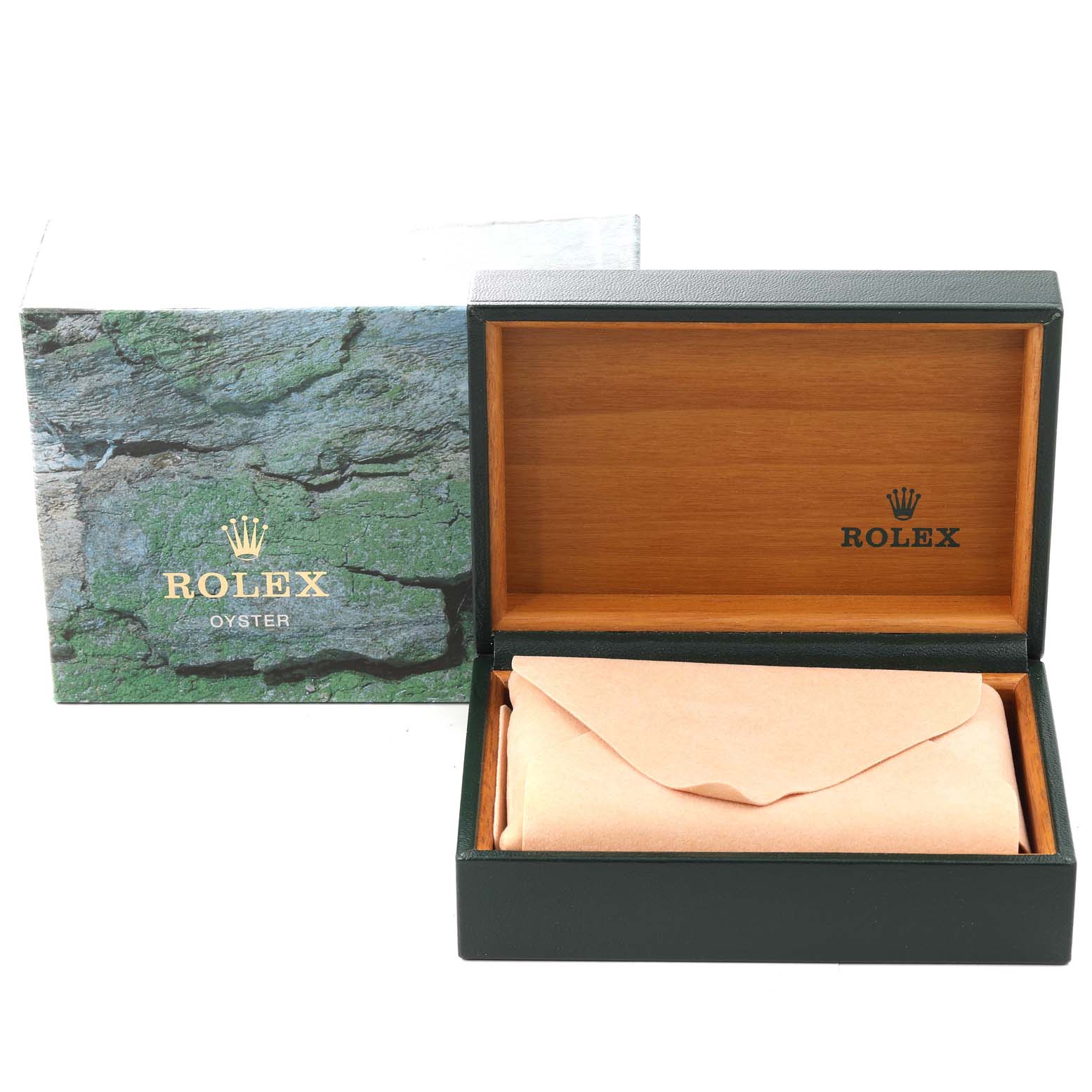 The image shows an open Rolex Mid-Size 77080 Women
s Stainless Steel White Dial 77080 Women
s Stainless Steel White Dial model watch box with its external green packaging.