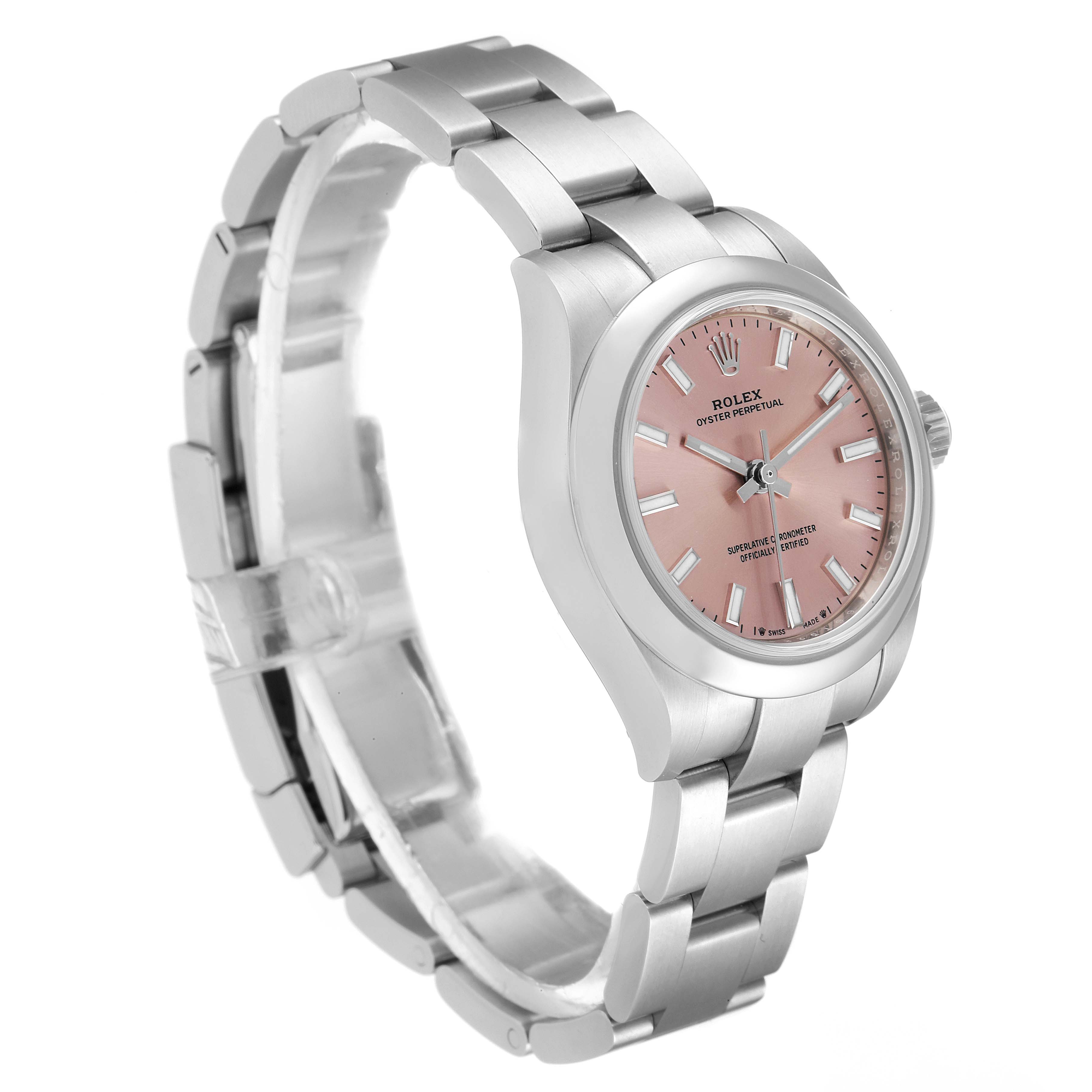 The Rolex Oyster Perpetual 276200 Women
s Stainless Steel Pink Dial 276200 Women
s Stainless Steel Pink Dial watch is shown at a three-quarter angle, highlighting the pink dial and stainless steel bracelet.