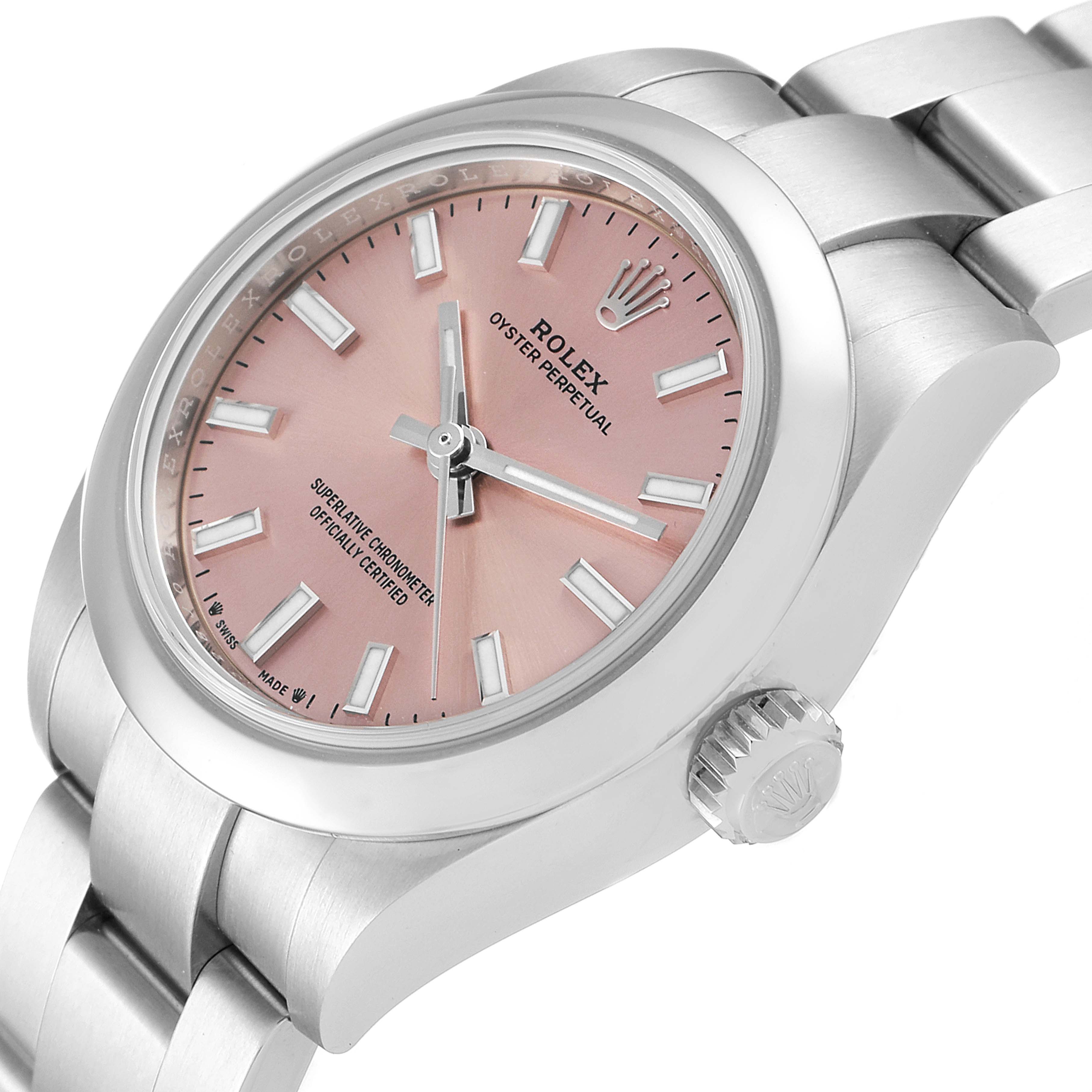 The image shows a side angle of the Rolex Oyster Perpetual 276200 Women
s Stainless Steel Pink Dial 276200 Women
s Stainless Steel Pink Dial watch, highlighting the pink dial, case, and part of the bracelet.