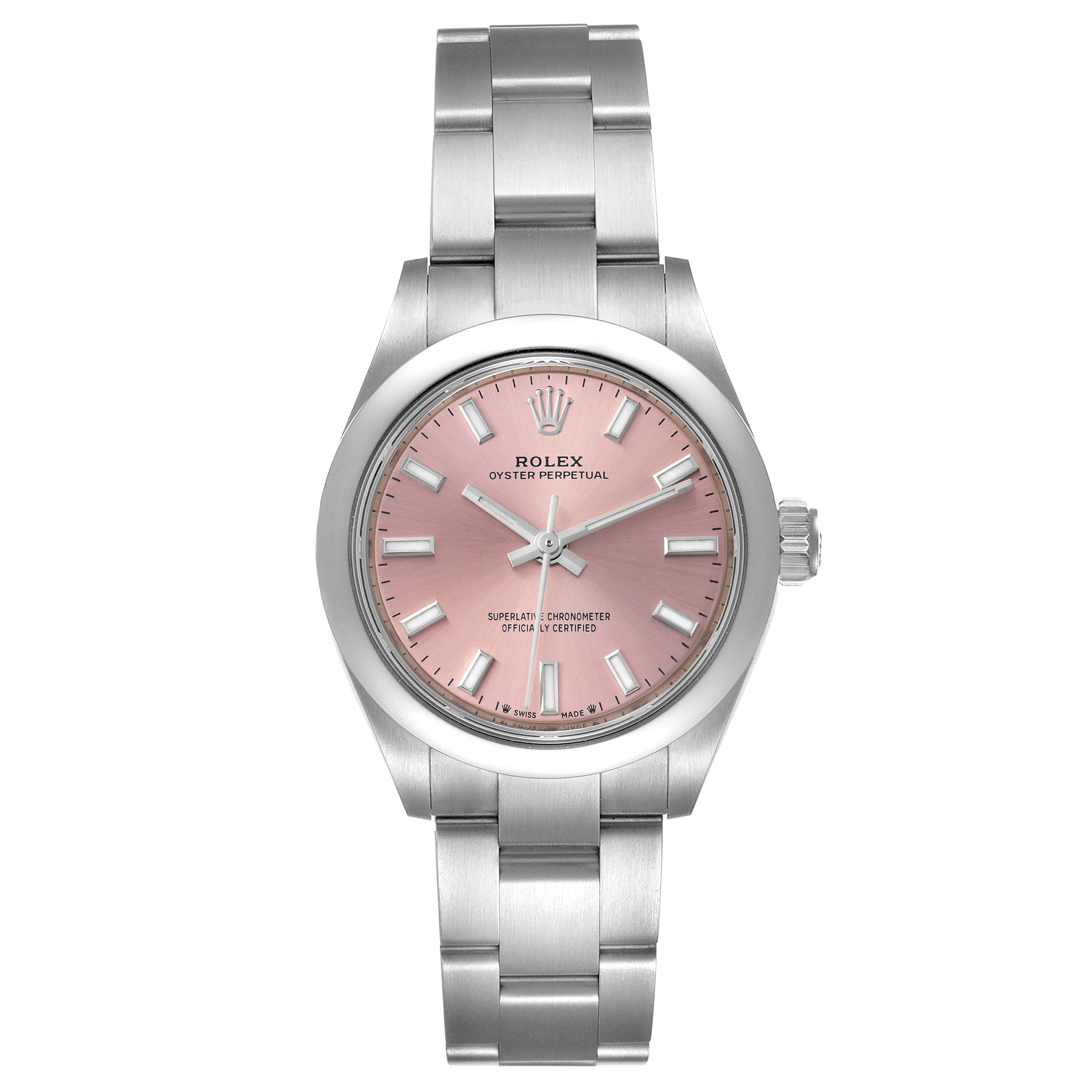 The image shows a frontal view of a Rolex Oyster Perpetual 276200 Women
s Stainless Steel Pink Dial 276200 Women
s Stainless Steel Pink Dial watch with a pink dial and stainless steel bracelet.