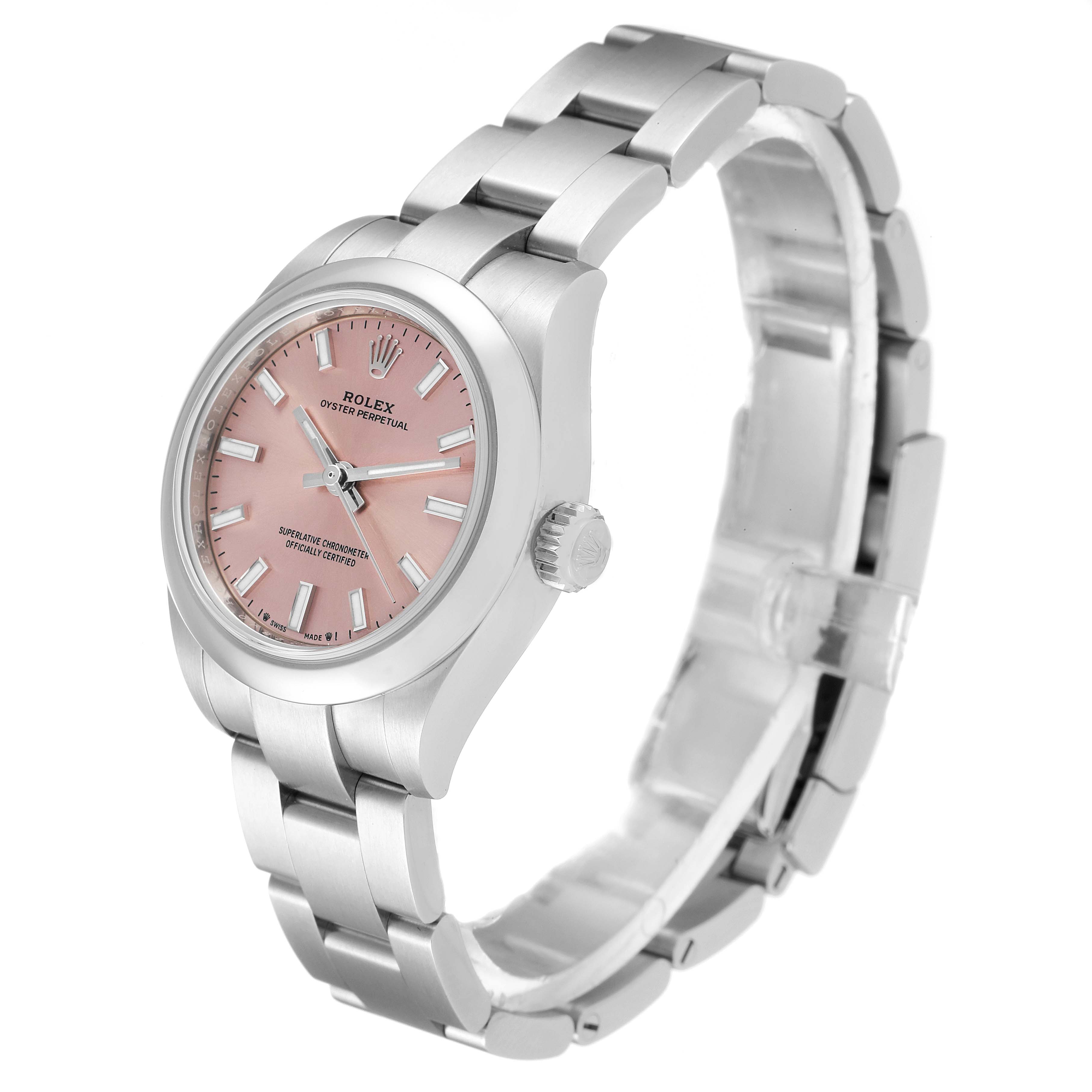 The Rolex Oyster Perpetual 276200 Women
s Stainless Steel Pink Dial 276200 Women
s Stainless Steel Pink Dial watch is shown at a three-quarter angle, highlighting its pink dial, crown, and metal bracelet.