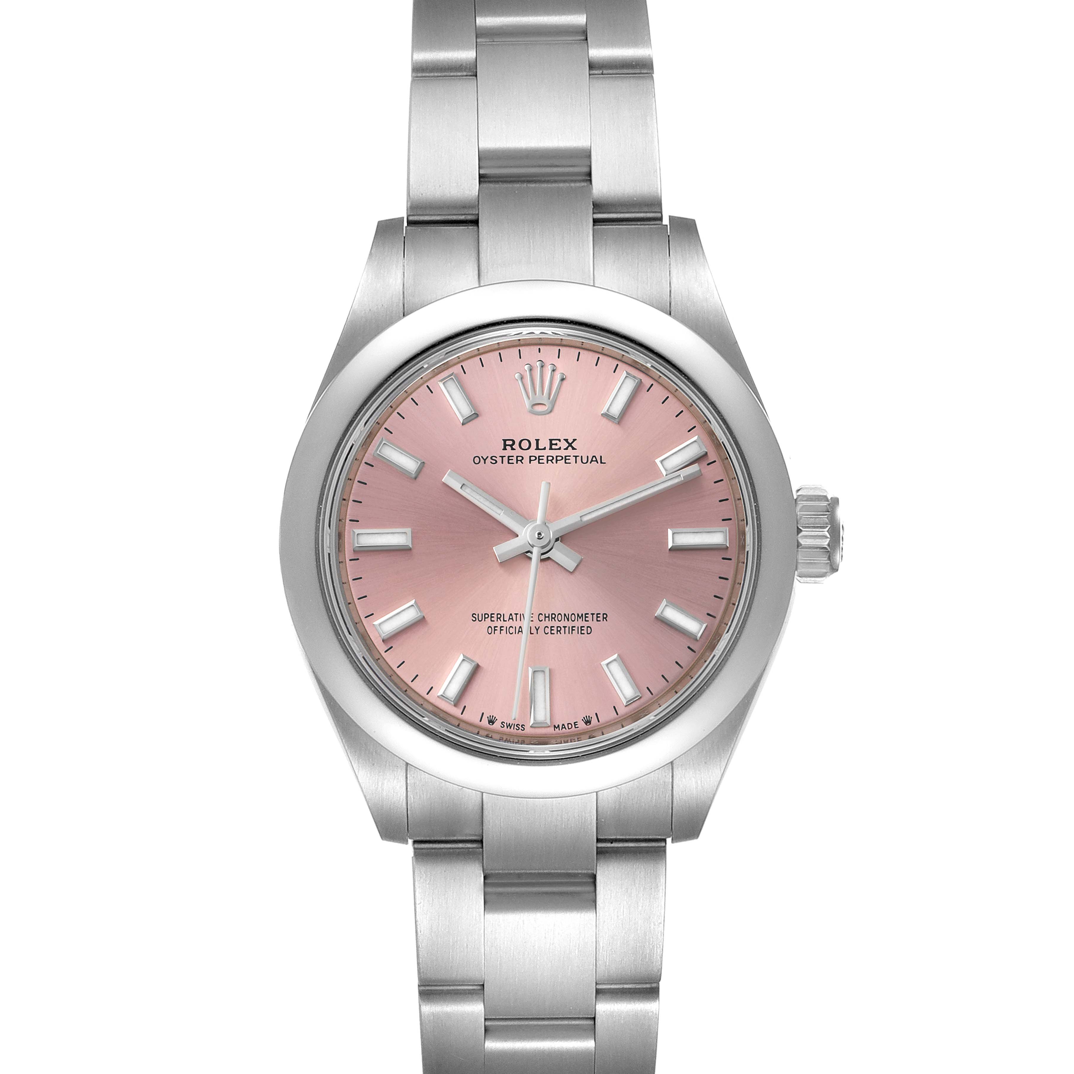 The Rolex Oyster Perpetual 276200 Women
s Stainless Steel Pink Dial 276200 Women
s Stainless Steel Pink Dial watch is shown from a front angle, displaying the pink dial, bracelet, and crown.