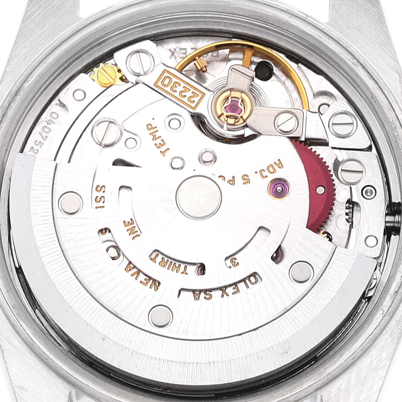 This image shows the internal mechanical movement of the Rolex Oyster Perpetual 76094 Women's Stainless Steel Black Dial 76094 Women's Stainless Steel Black Dial watch, viewed from the back.