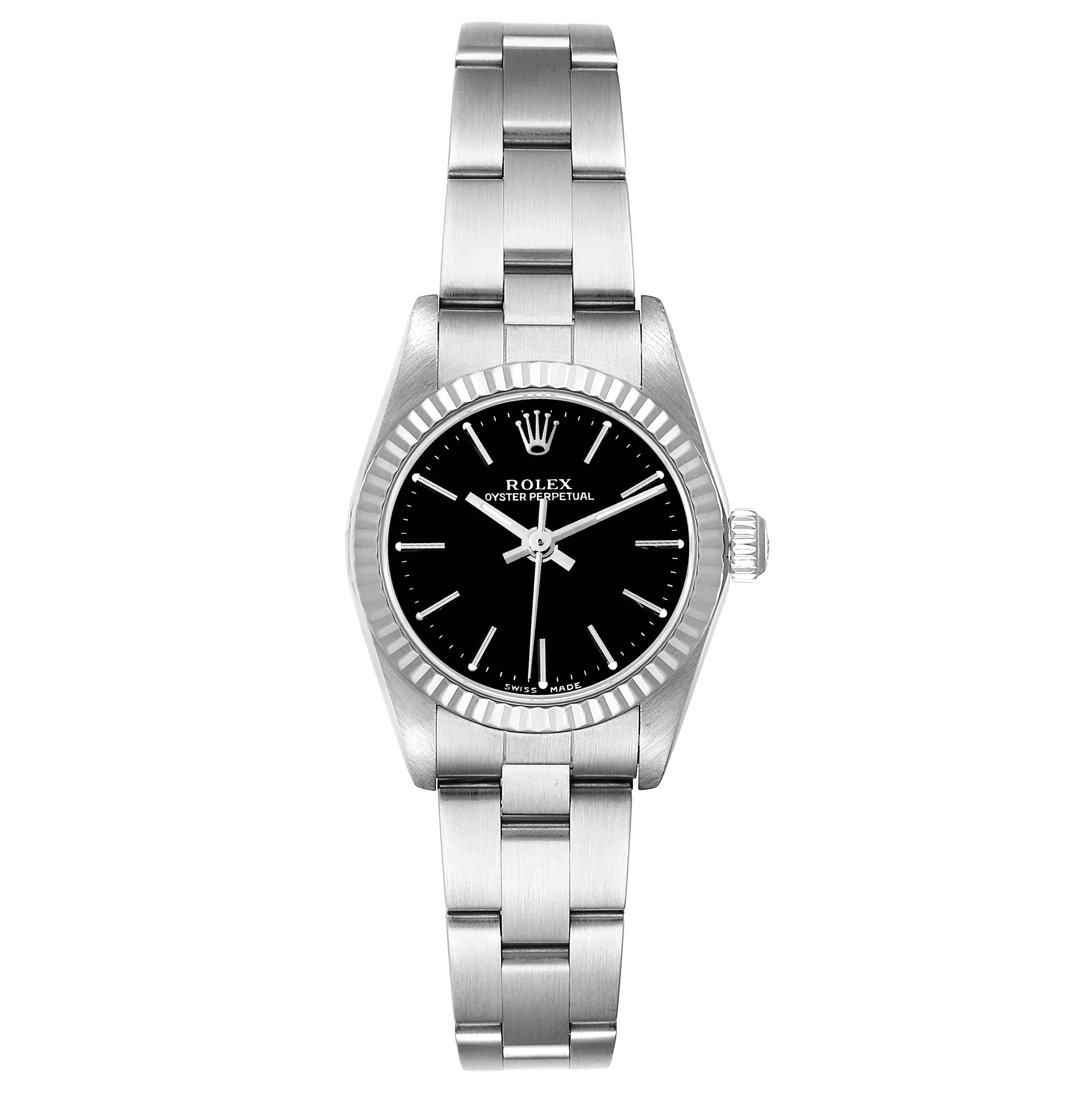 The Rolex Oyster Perpetual 76094 Women's Stainless Steel Black Dial 76094 Women's Stainless Steel Black Dial watch is shown from the front, displaying its dial, bezel, and bracelet.