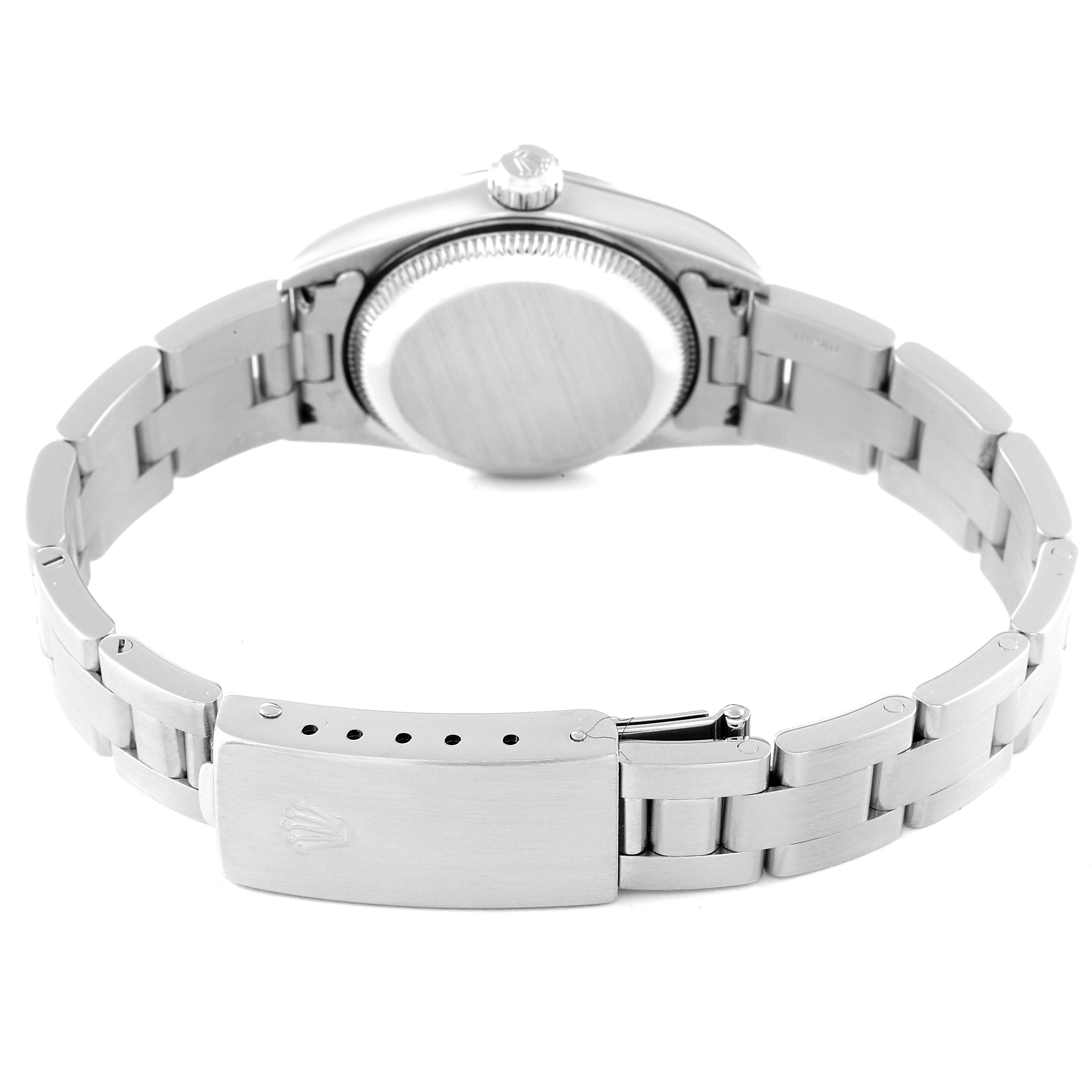 This image shows the back view of a Rolex Oyster Perpetual 76094 Women's Stainless Steel Black Dial 76094 Women's Stainless Steel Black Dial watch, highlighting the case back and bracelet with clasp.