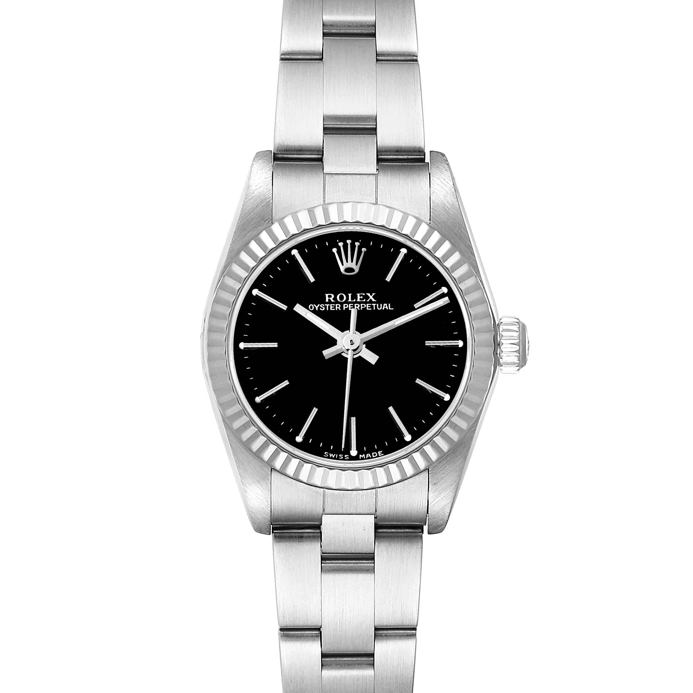 The image shows a front view of the Rolex Oyster Perpetual 76094 Women's Stainless Steel Black Dial 76094 Women's Stainless Steel Black Dial watch, displaying the dial, bezel, and bracelet.