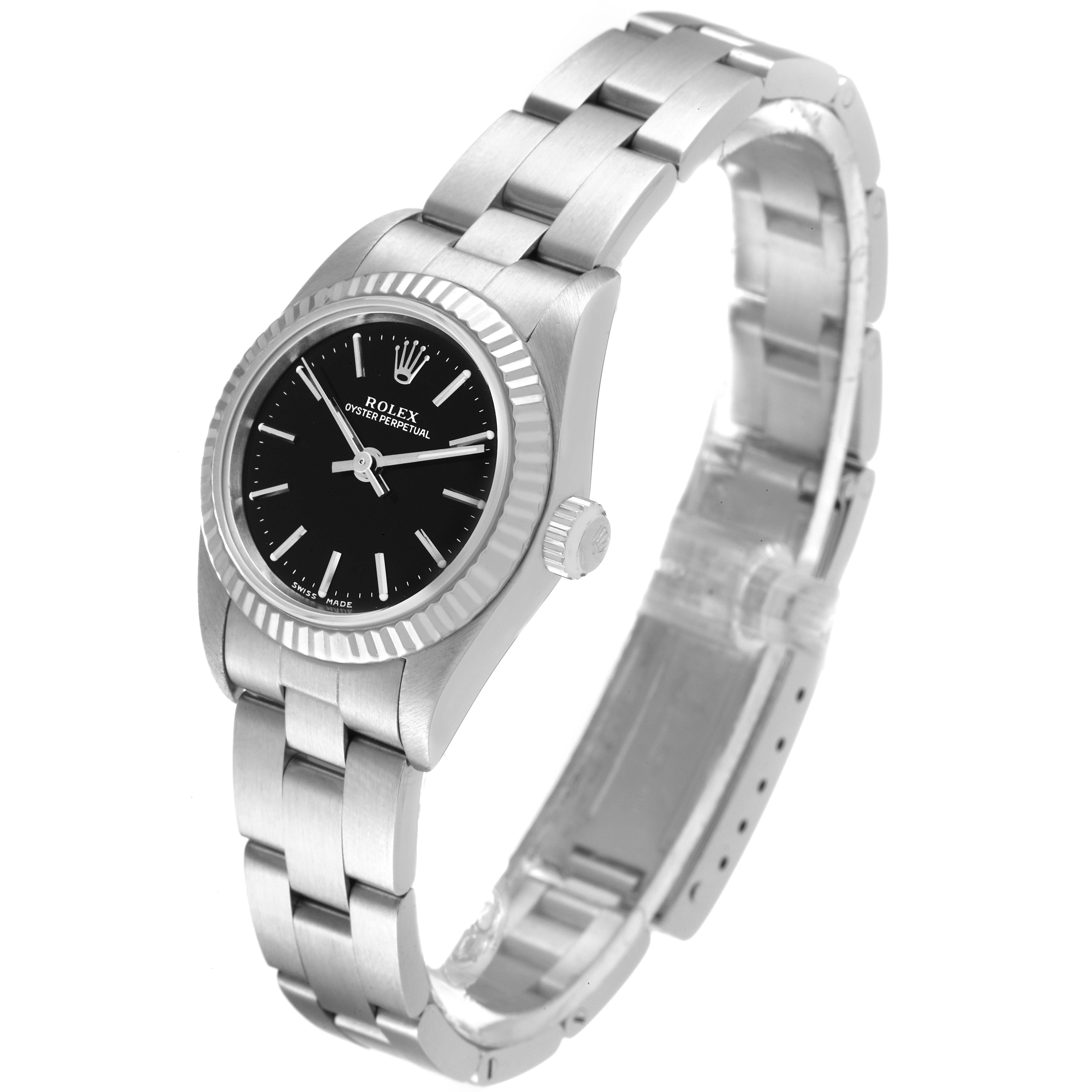 The image shows a front and angled view of the Rolex Oyster Perpetual 76094 Women's Stainless Steel Black Dial 76094 Women's Stainless Steel Black Dial watch, highlighting the face, bezel, and bracelet.
