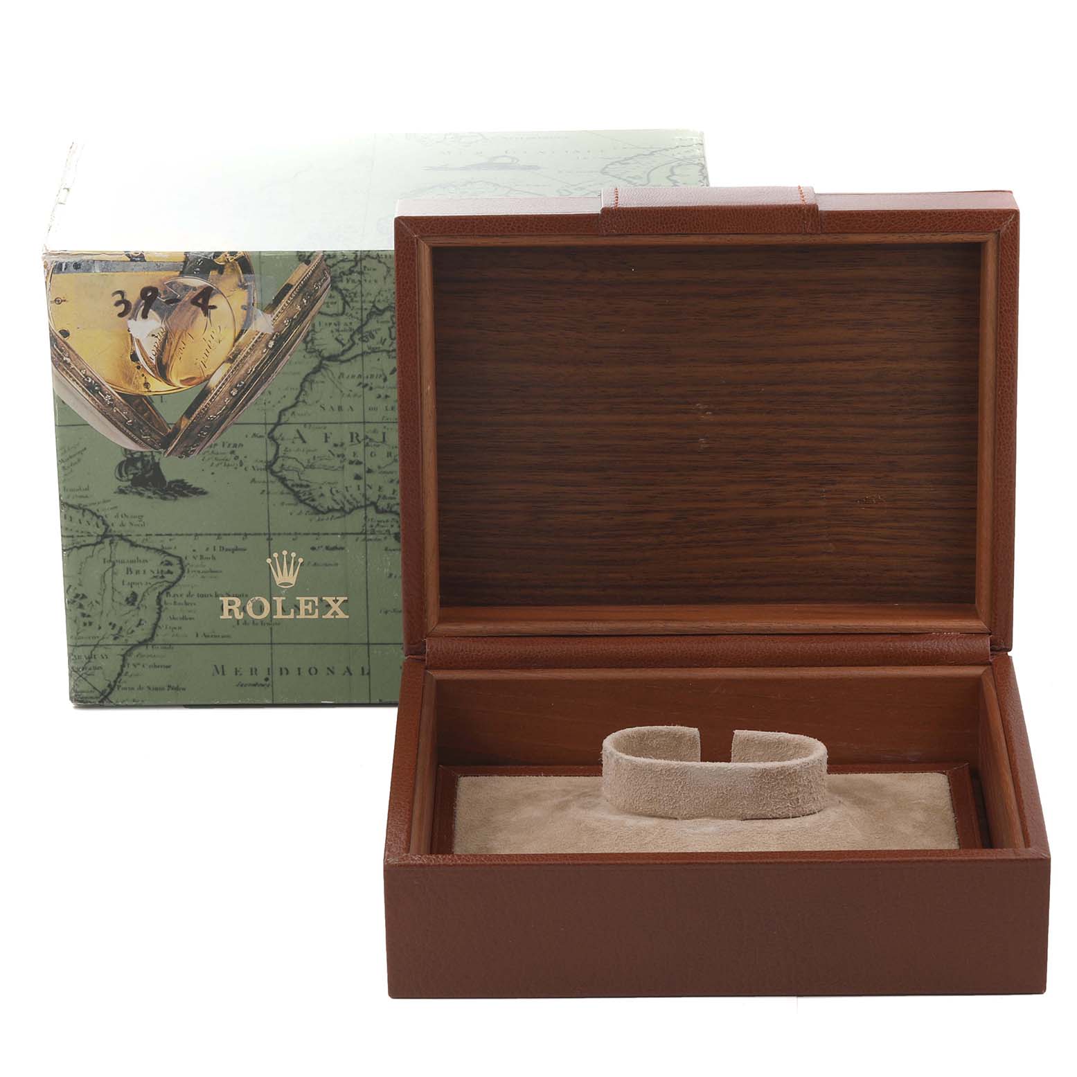 This image shows an empty Rolex Oysterquartz 19018 Men
s Yellow Gold Champagne Dial 19018 Men
s Yellow Gold Champagne Dial watch box and outer packaging from a frontal angle.